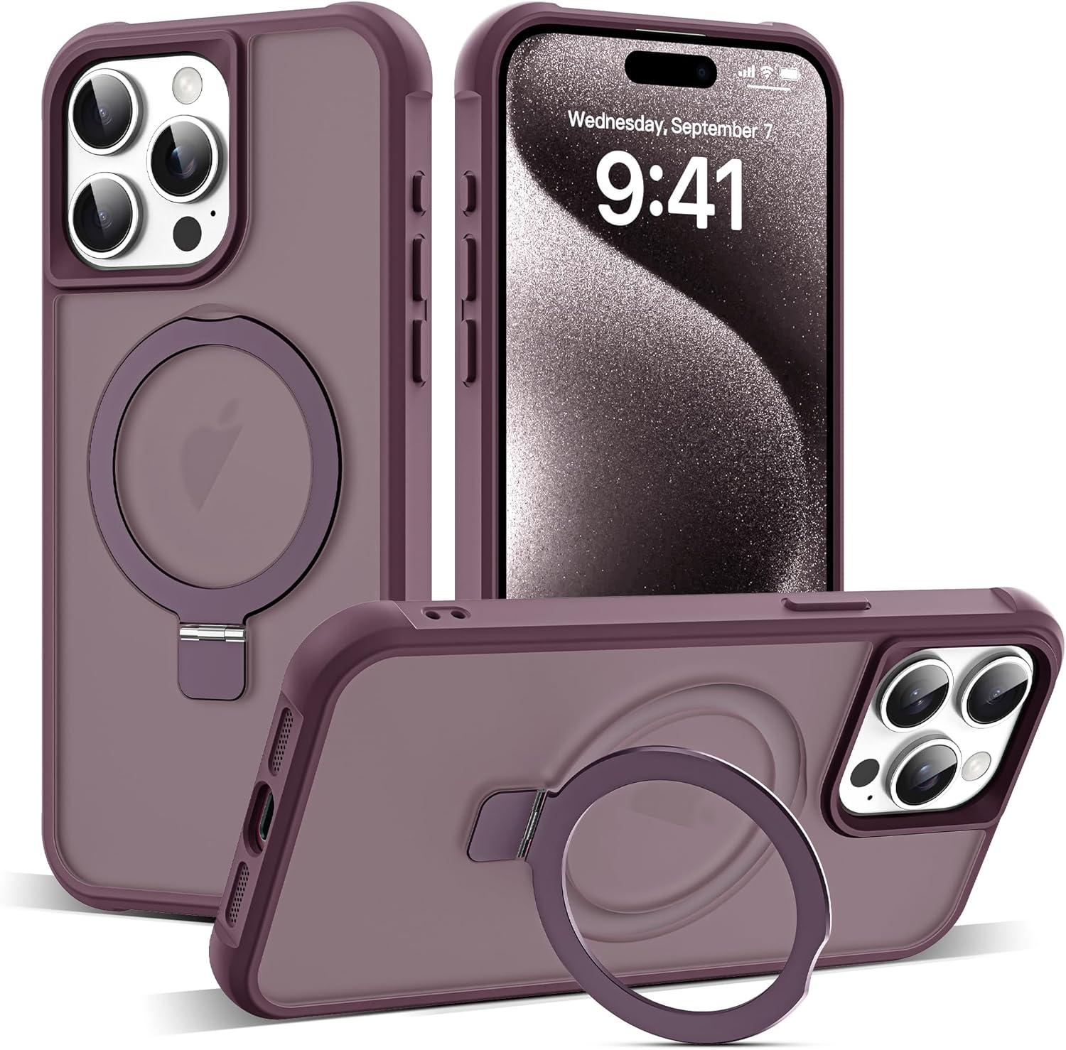 Funda para iPhone 15 Pro Max de 6.7 pulgadas con soporte de anillo magnético reforzado, cubierta trasera translúcida compatible con Magsafe Fundas