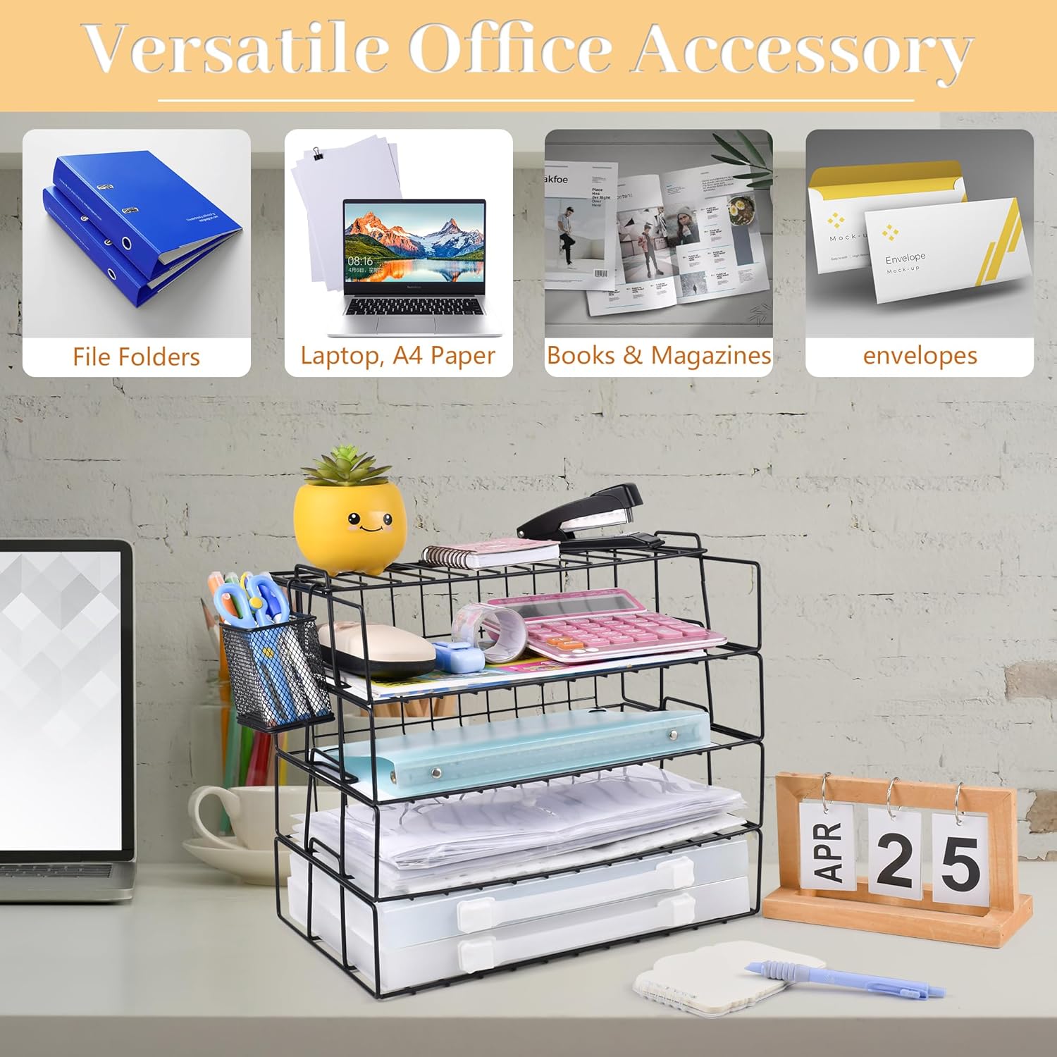 Sishynio Organizador de archivos de escritorio, bandeja de papel apilable de 5 niveles con soporte para bolígrafos, accesorios de escritorio de