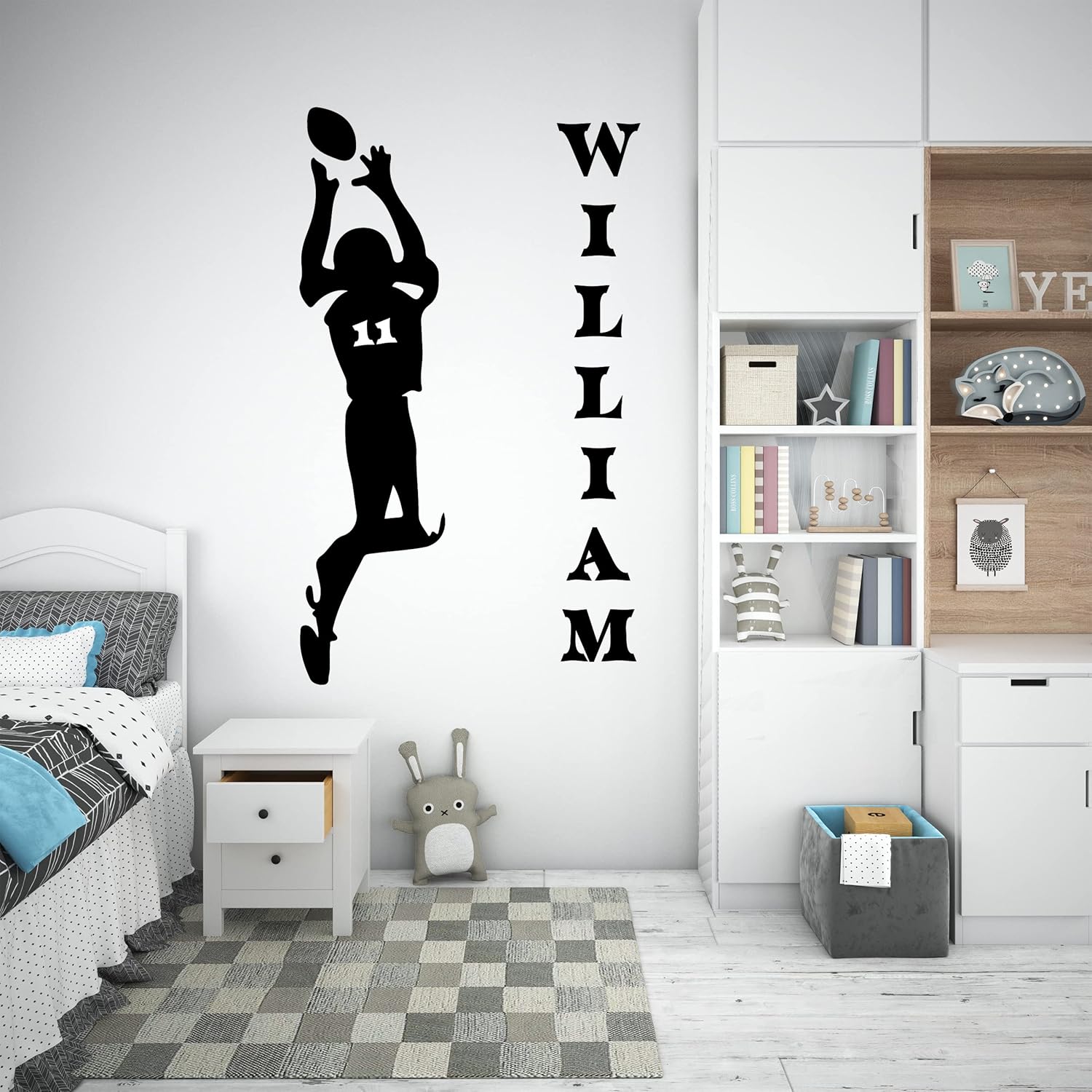 Calcomanía de pared de fútbol americano duradera con nombre personal, enormes calcomanías de pared de fútbol americano de color negro con letrero