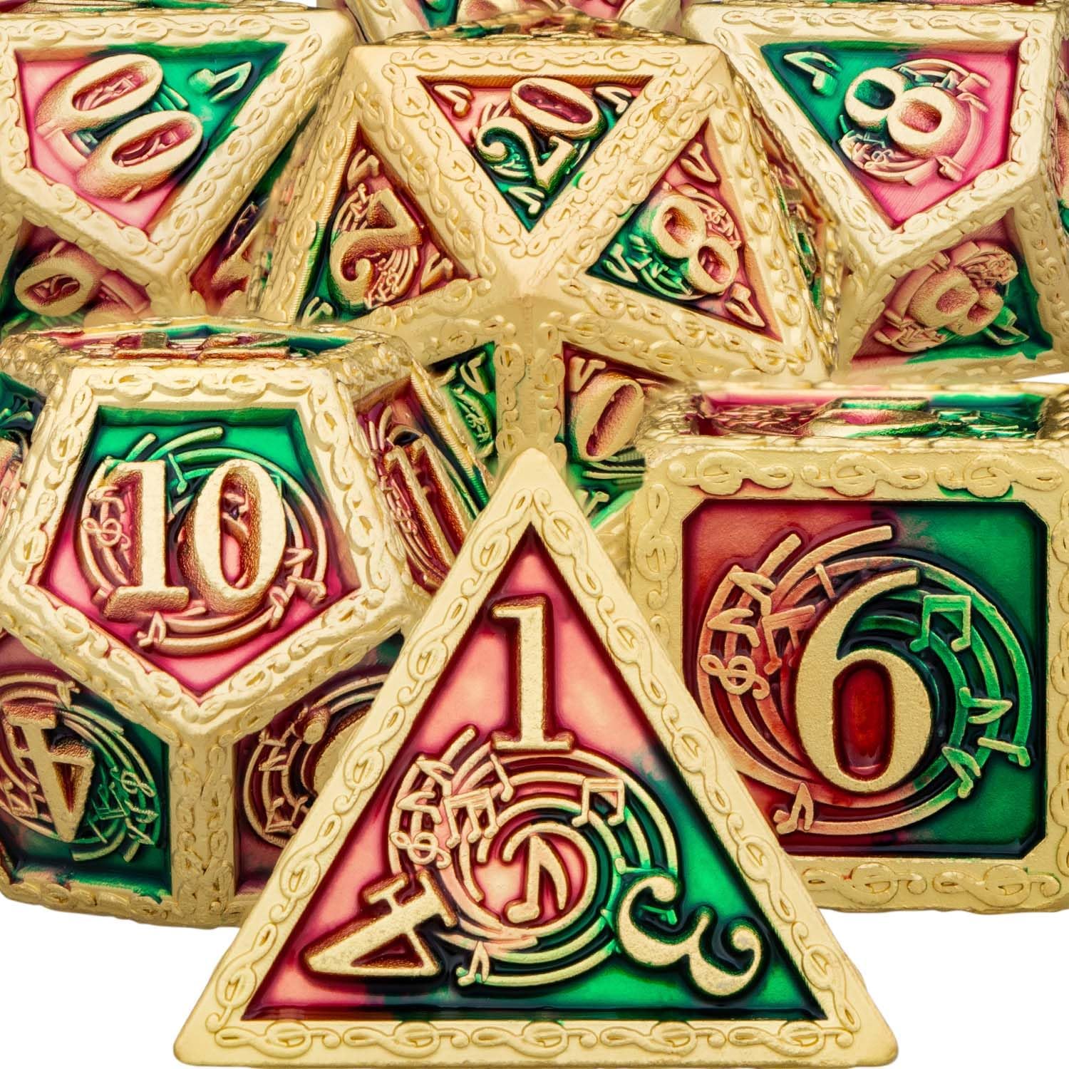 ARUOHHA Juego de dados de música DND con caja de regalo, dados poliédricos de metal rojo y verde, dados D&D, juegos de rol de mazmorras y dragones,