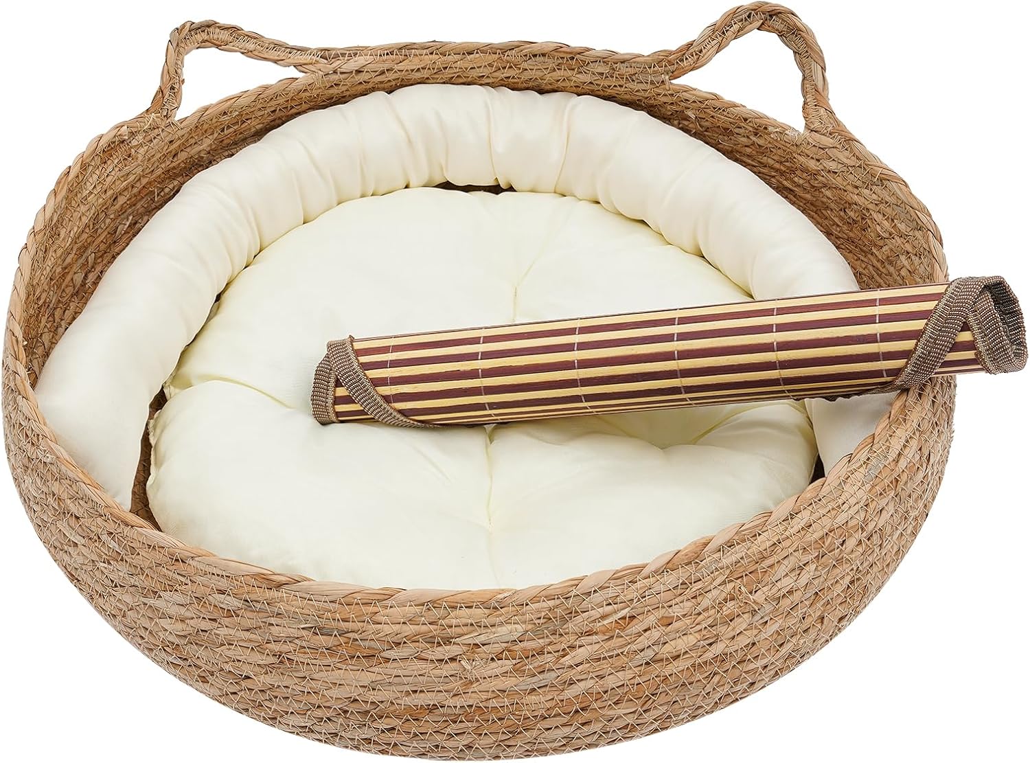 LUGBING Cama tejida suave para gatos, 16.9 pulgadas, cómodo rascador para gatos con cojín, almohada y alfombrilla de bambú, nido de dormir