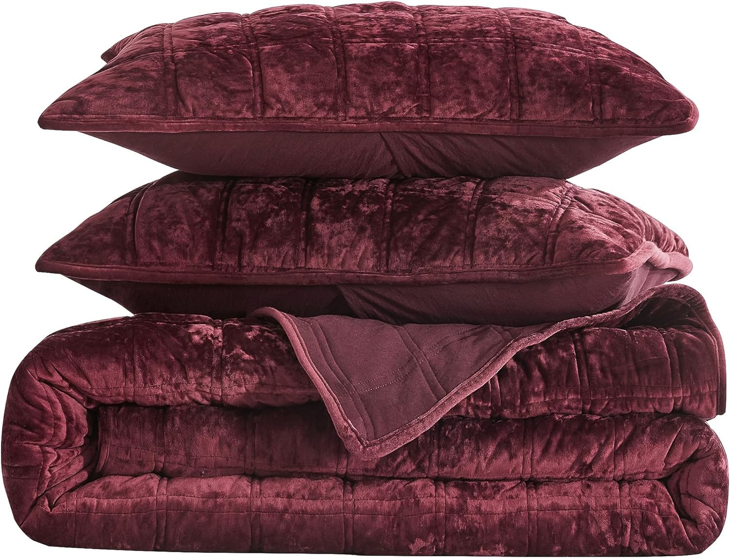 Chezmoi Collection Piers – Juego de edredón de terciopelo burdeos tamaño Queen, ropa de cama de terciopelo envejecido de 3 piezas para todas las