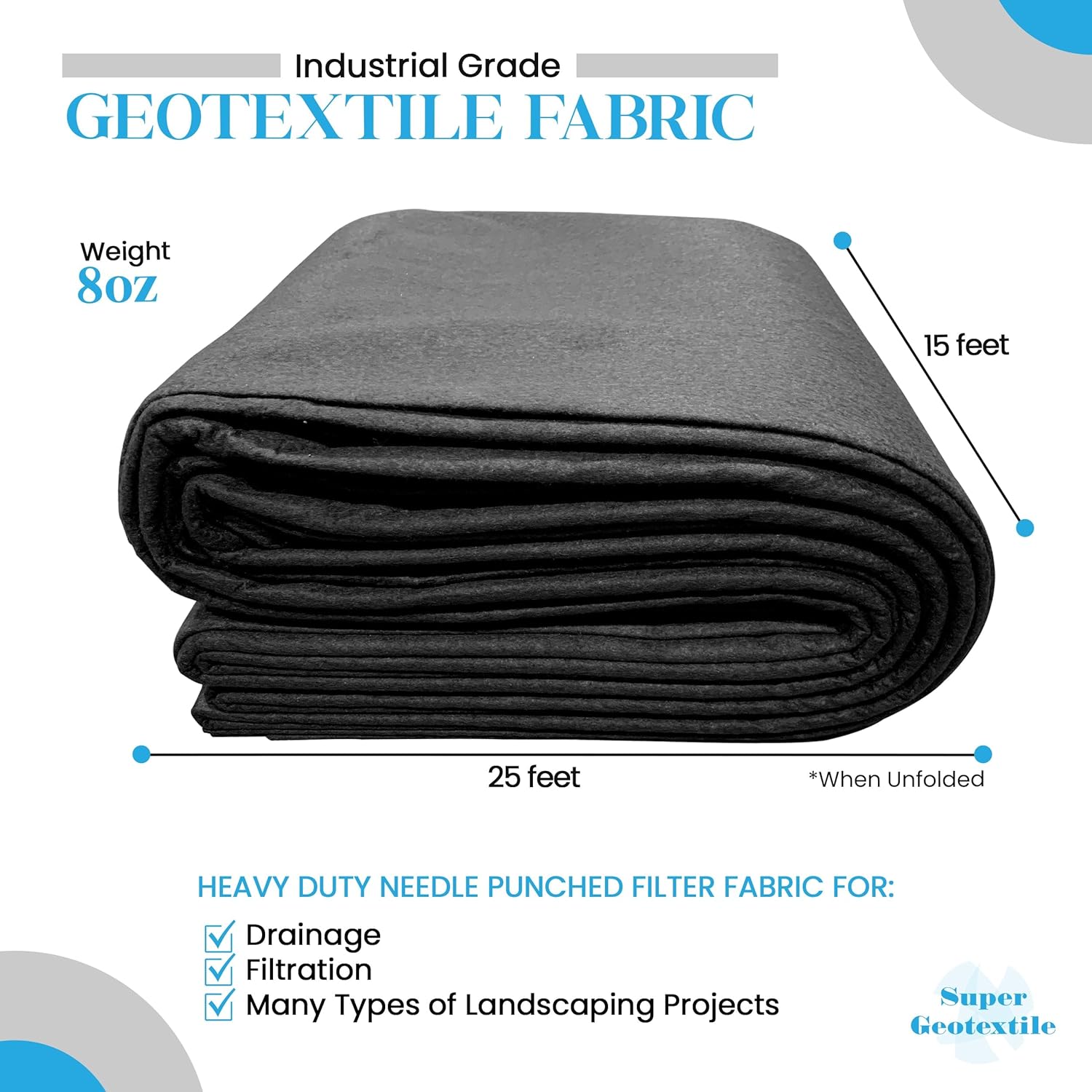 Super Geotextile – Tela no tejida de 4, 6 y 8 onzas para paisajismo, drenajes franceses, preparación de suelos, control de erosión, proyectos de