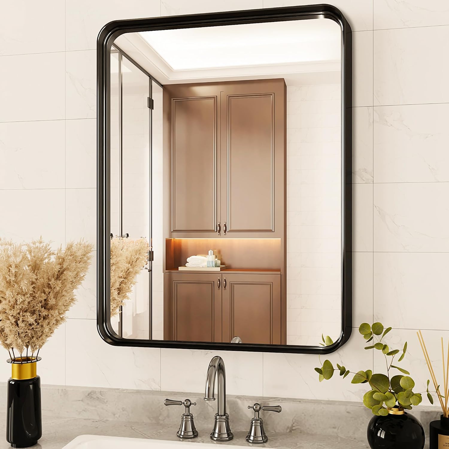 Bl2ack Met3332al Frame23r – Espejo de pared para baño, marco de metal negro 2, decorativo