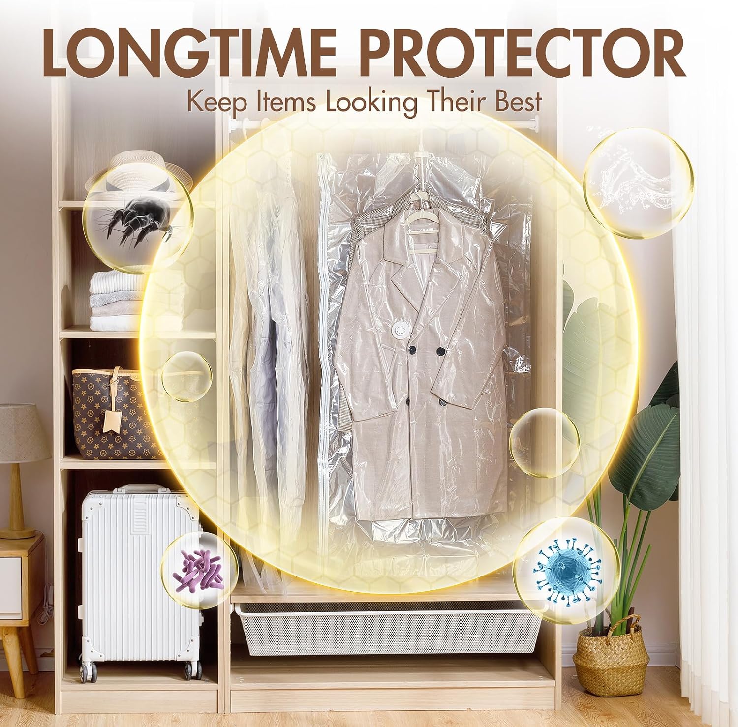 LEVERLOC Bolsas colgantes de almacenamiento al vacío para ropa, transparentes, paquete de 4 bolsas de almacenamiento de sellado al vacío para ropa,
