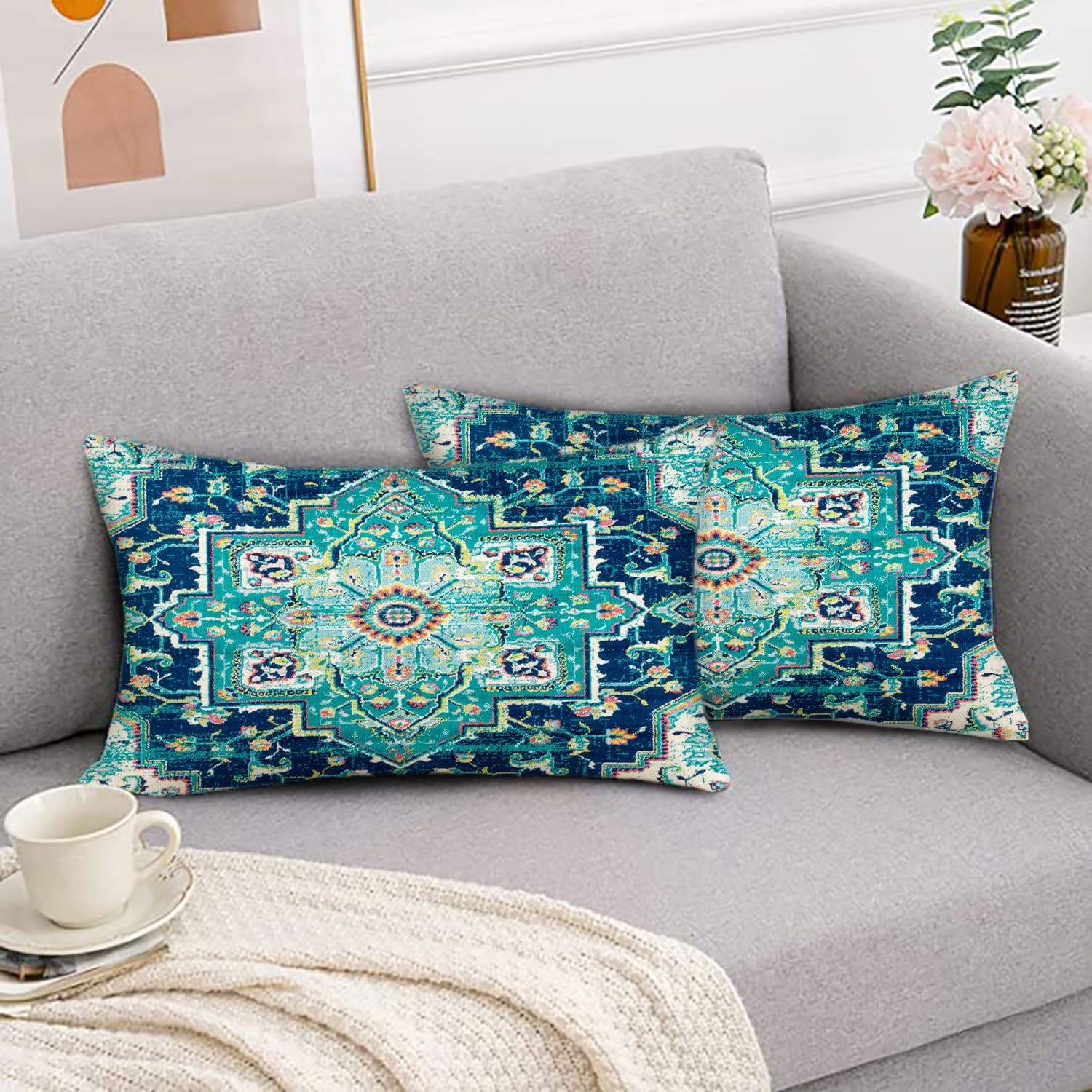 Juego de 2 fundas de almohada de estilo bohemio, diseño étnico, de lino, persa, patrón tribal, funda de cojín decorativa cuadrada para el hogar y la