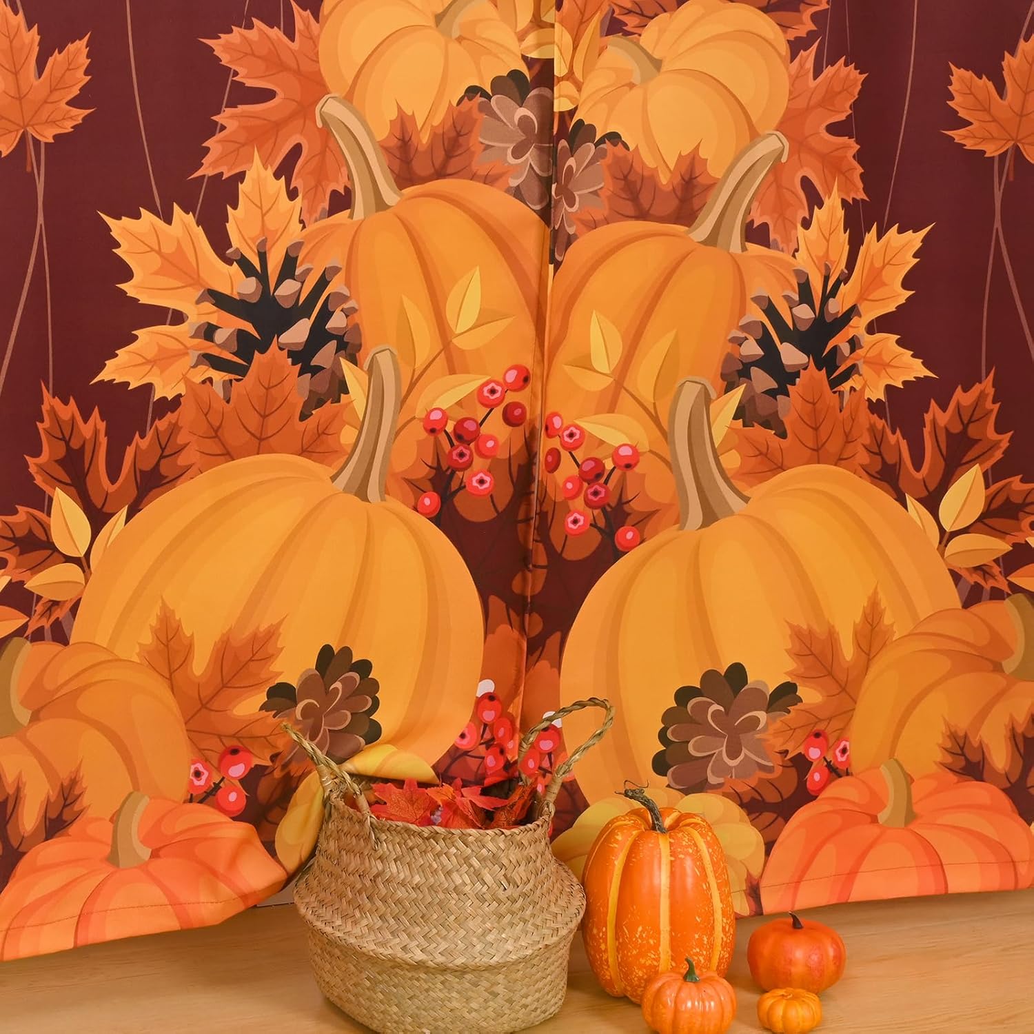 Alishomtll Cortinas de otoño de 63 pulgadas de largo, 2 paneles de cortinas de otoño, decoración de pared, cortinas de ventana de arce de calabaza