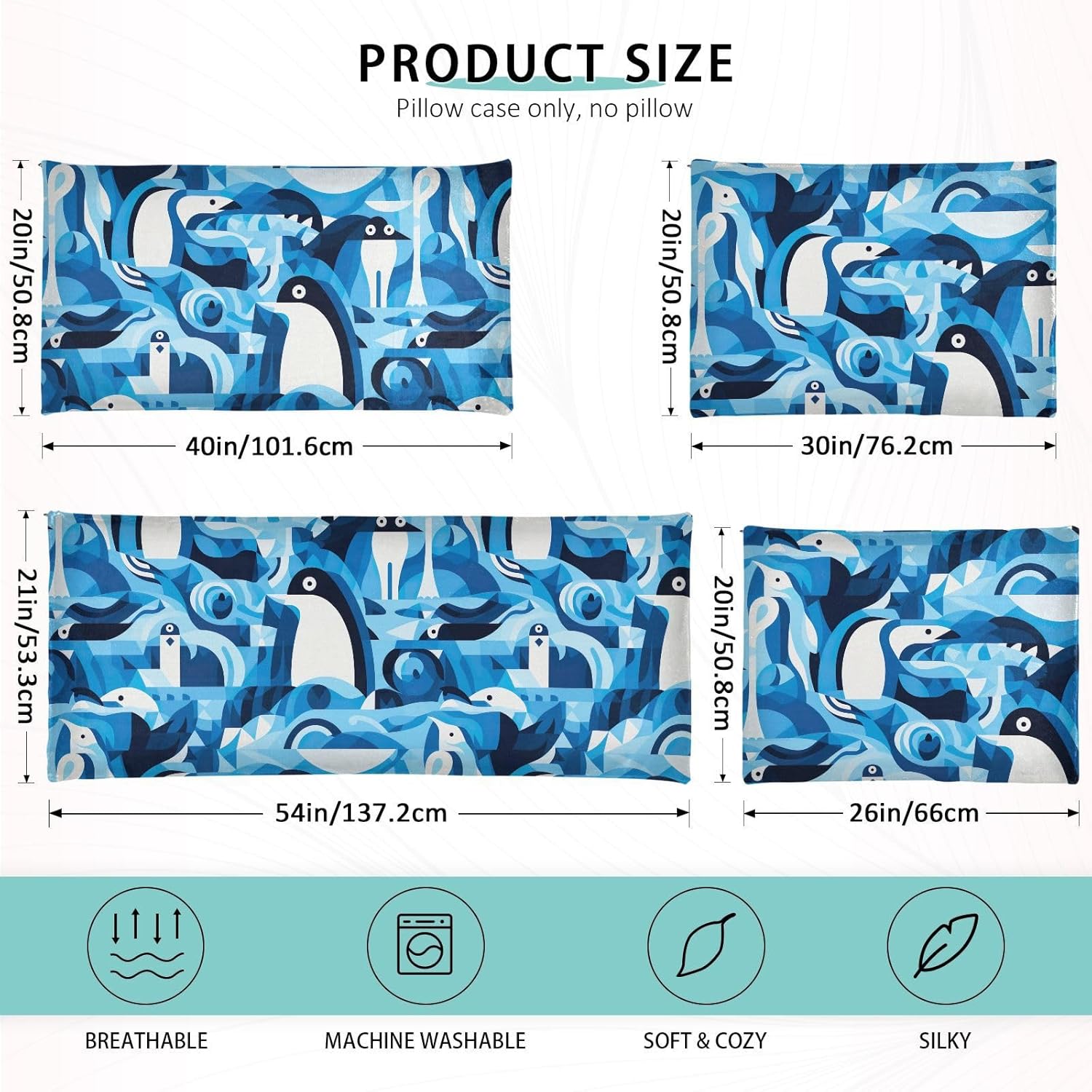 Fundas de almohada con diseño de pingüino iceberg, diseño ártico de mar azul, agradable a la piel, tamaño King, 21 x 54 pulgadas, funda de almohada