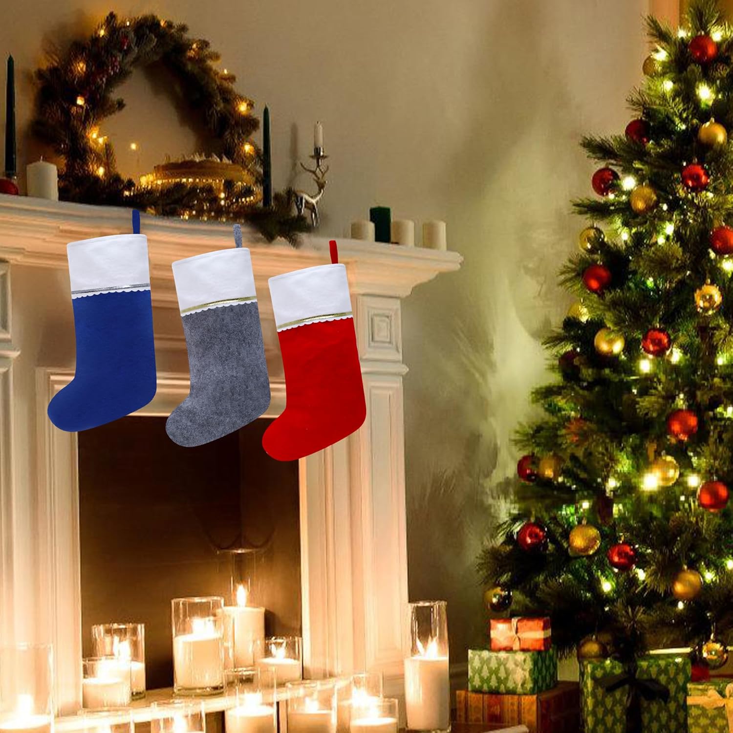 Paquete de 12 medias de Navidad de fieltro gris y blanco, puño blanco de 19 pulgadas con ribete dorado, medias de Navidad para decoración de Navidad