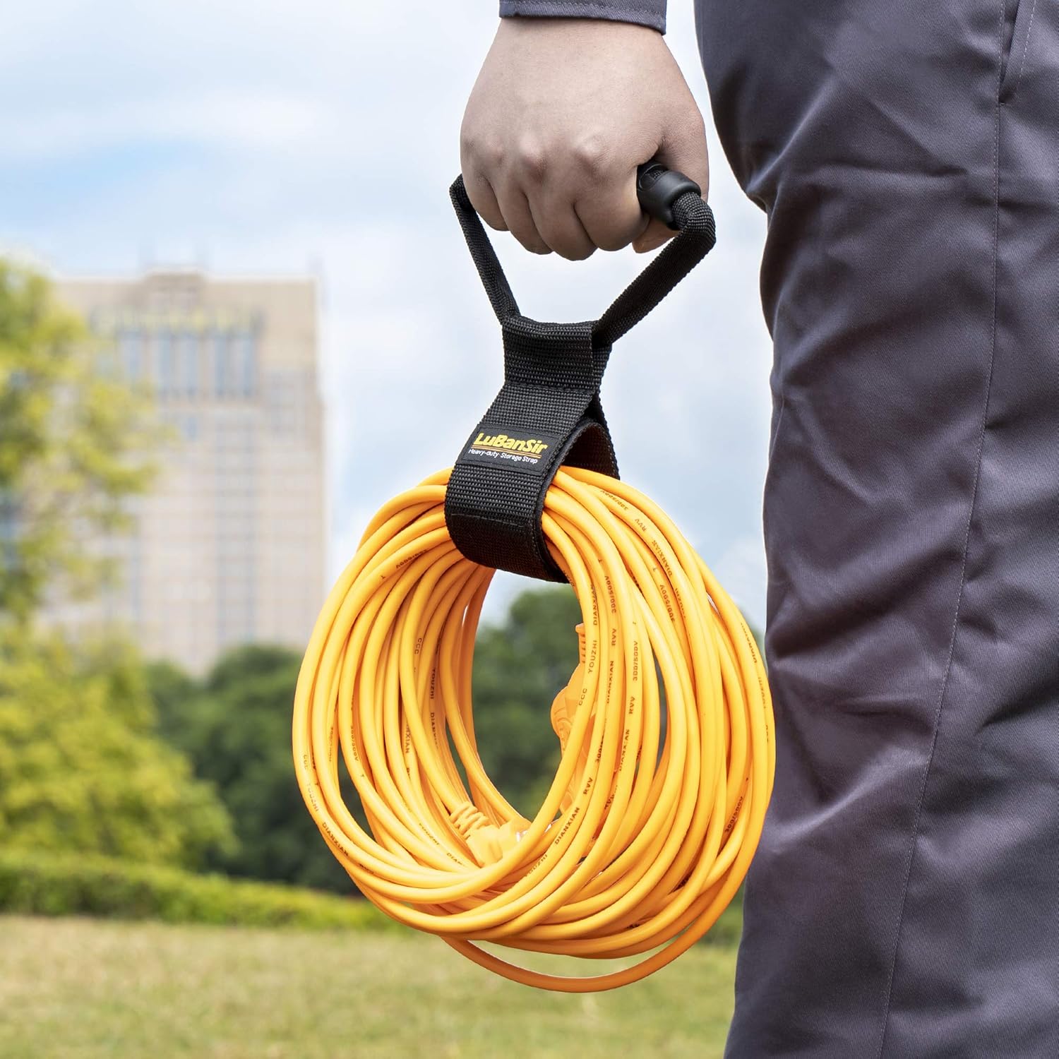LuBanSir Organizador de cables de extensión, correas de almacenamiento resistentes con asa de transporte para garajes, jardines, casas rodantes y