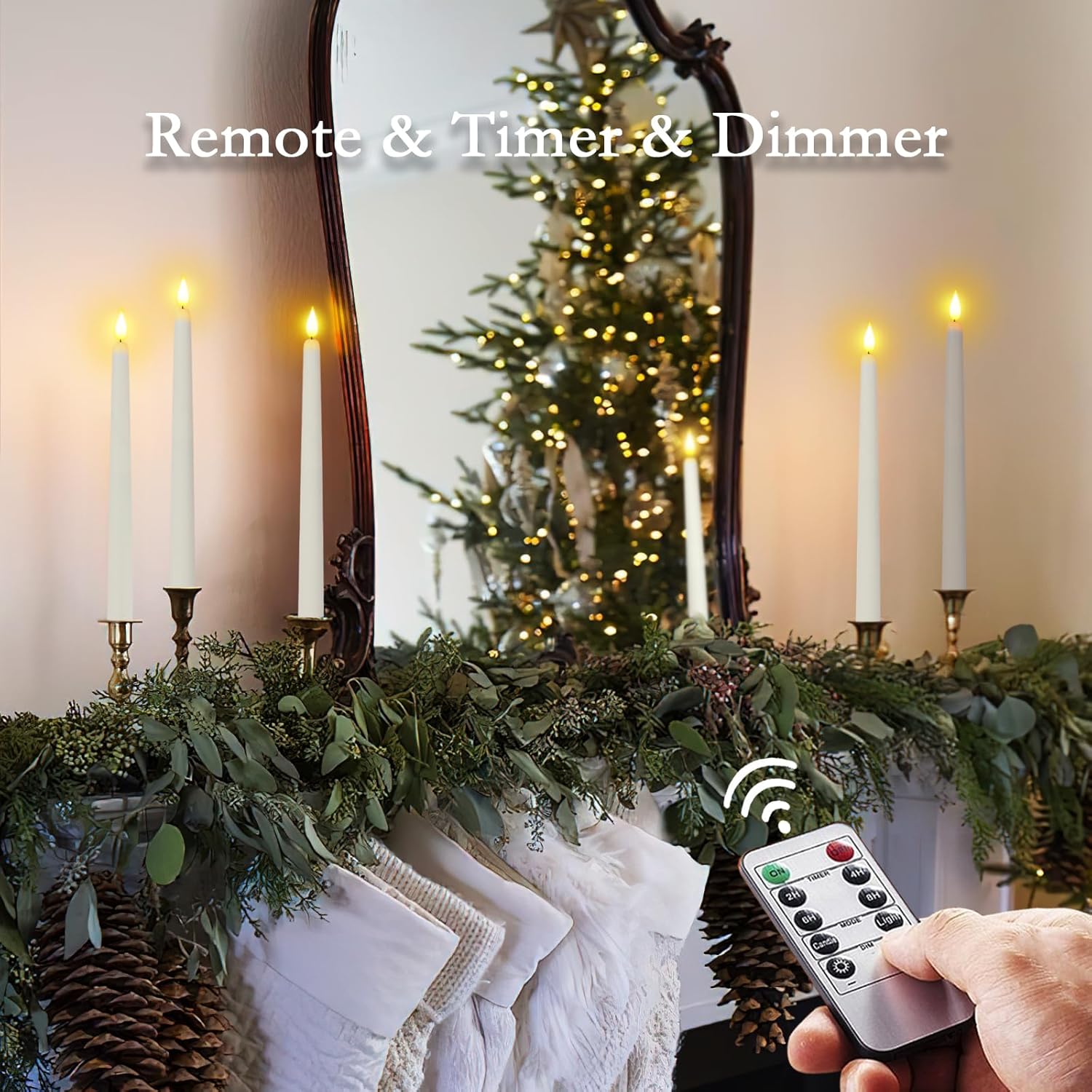 Homemory 12 velas cónicas sin llama con temporizador remoto, velas cónicas LED blancas de 11 pulgadas, candelabros de plástico a pilas con llama