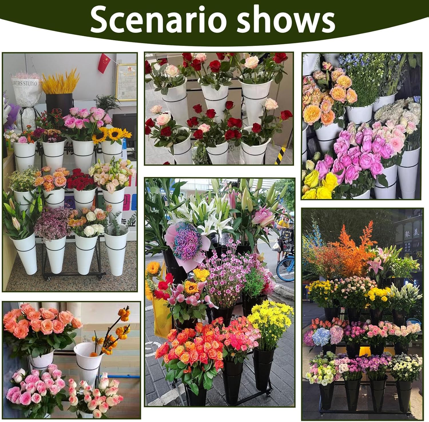 Soporte de exhibición de flores, estante móvil para carrito de plantas con ruedas, con cubos de plástico, fácil de instalar, soporte escalonado para