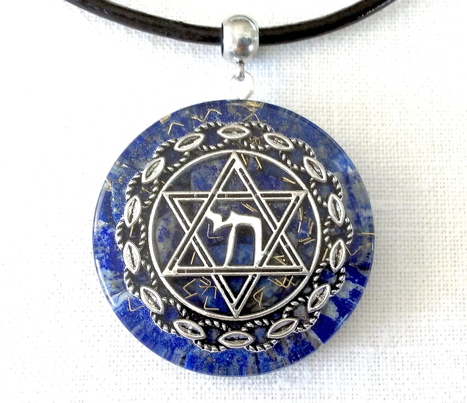 Orgone energy pendant necklace with Star of David Chai and Authentic Lapis Lazuli stones. 1.6 inch diameter. Made in USA