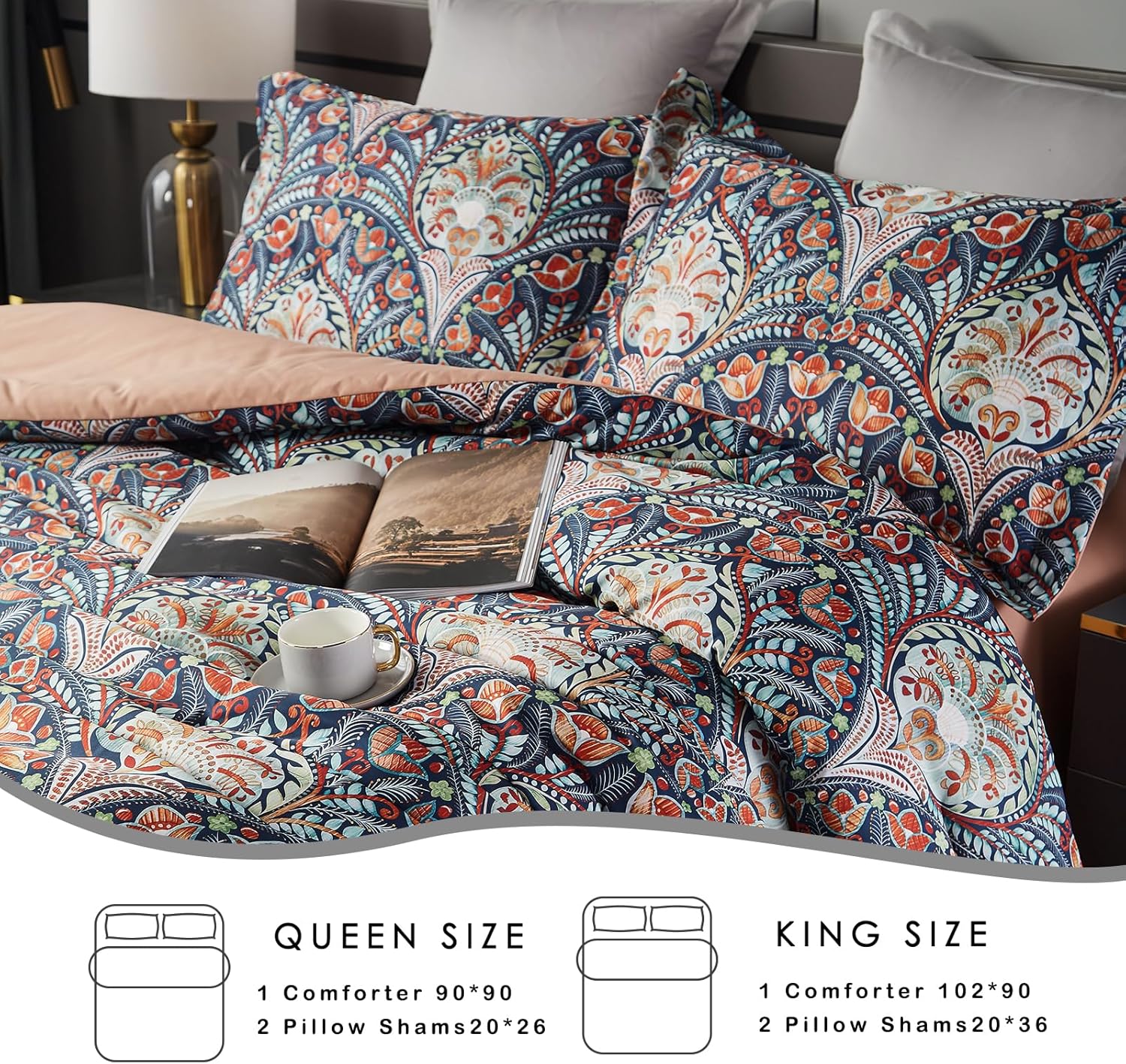 Juego de edredón tamaño King, ropa de cama floral, juego de edredón bohemio, ligero para todas las estaciones, para cama tamaño King, estilo