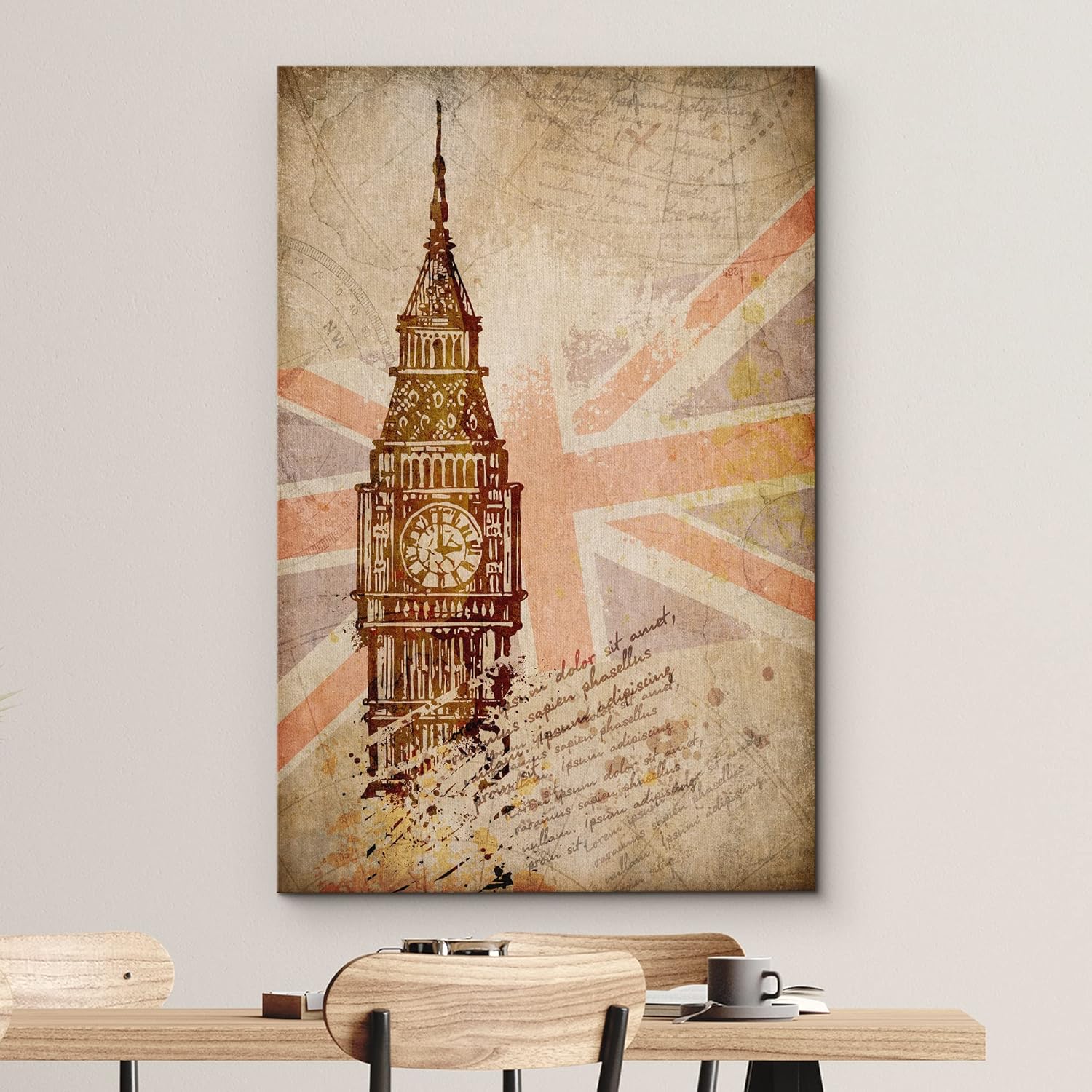 wall26 Lienzo impreso para pared, diseño retro, vintage, bandera de Union Jack, arquitectura y mapas del Big Ben, arte digital, arte moderno,