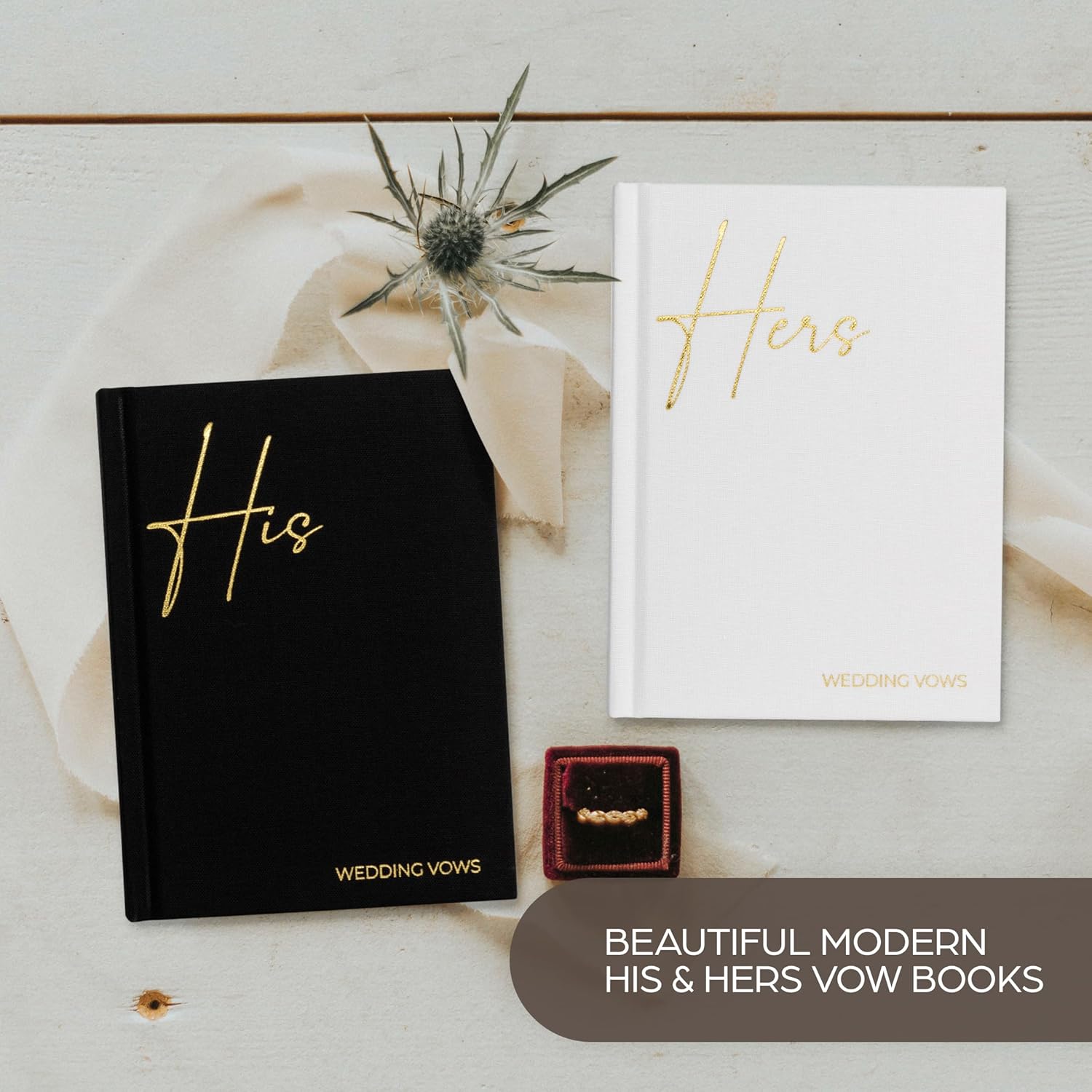 Elegantes libros de votos de boda de lino con letras de lámina dorada, libros de juramentos de tamaño perfecto para él y para ella con muchas