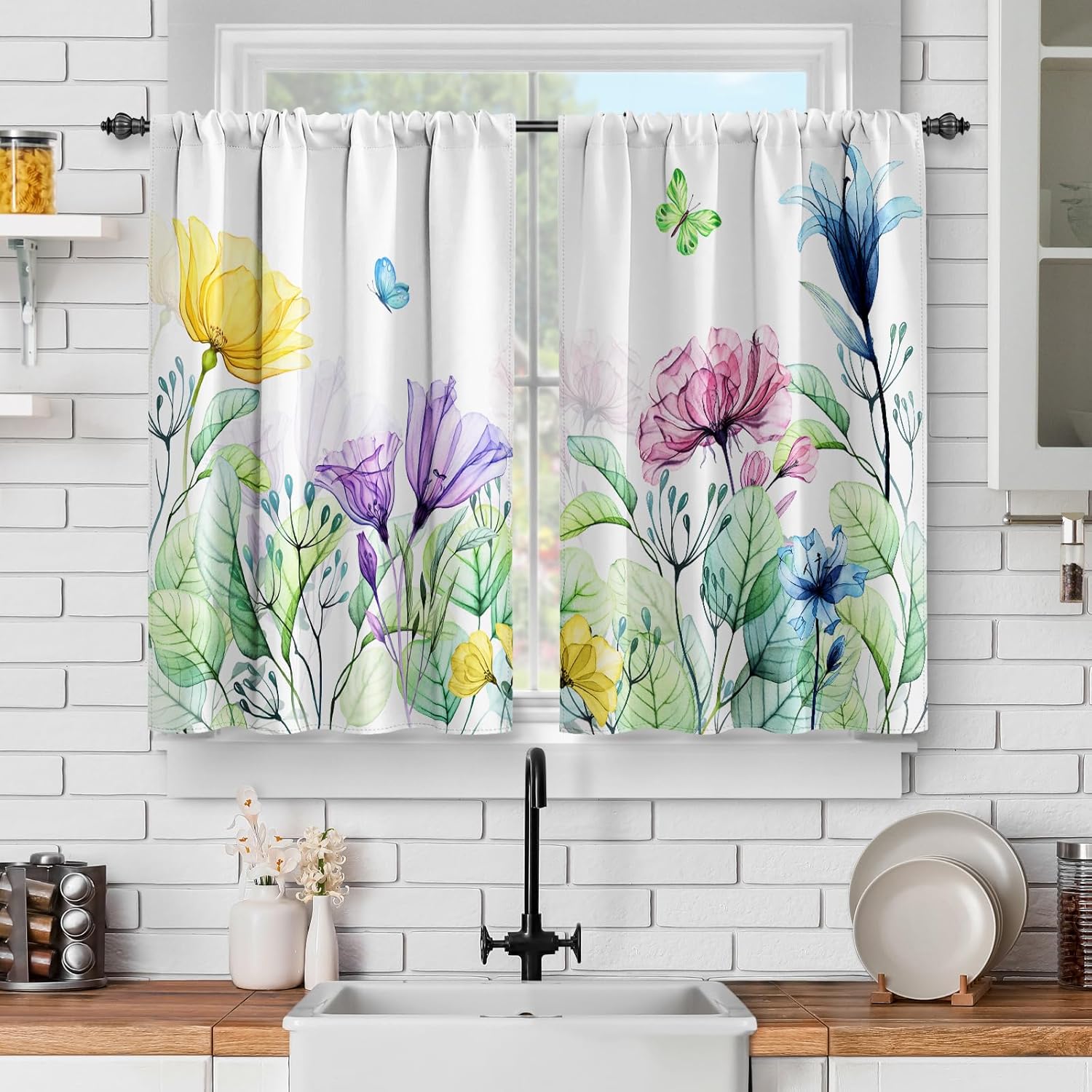 Jekeno Cortinas de cocina florales de acuarela flores y hojas de mariposa botánicas cortas para cafetería, decoración para sala de estar, cortinas