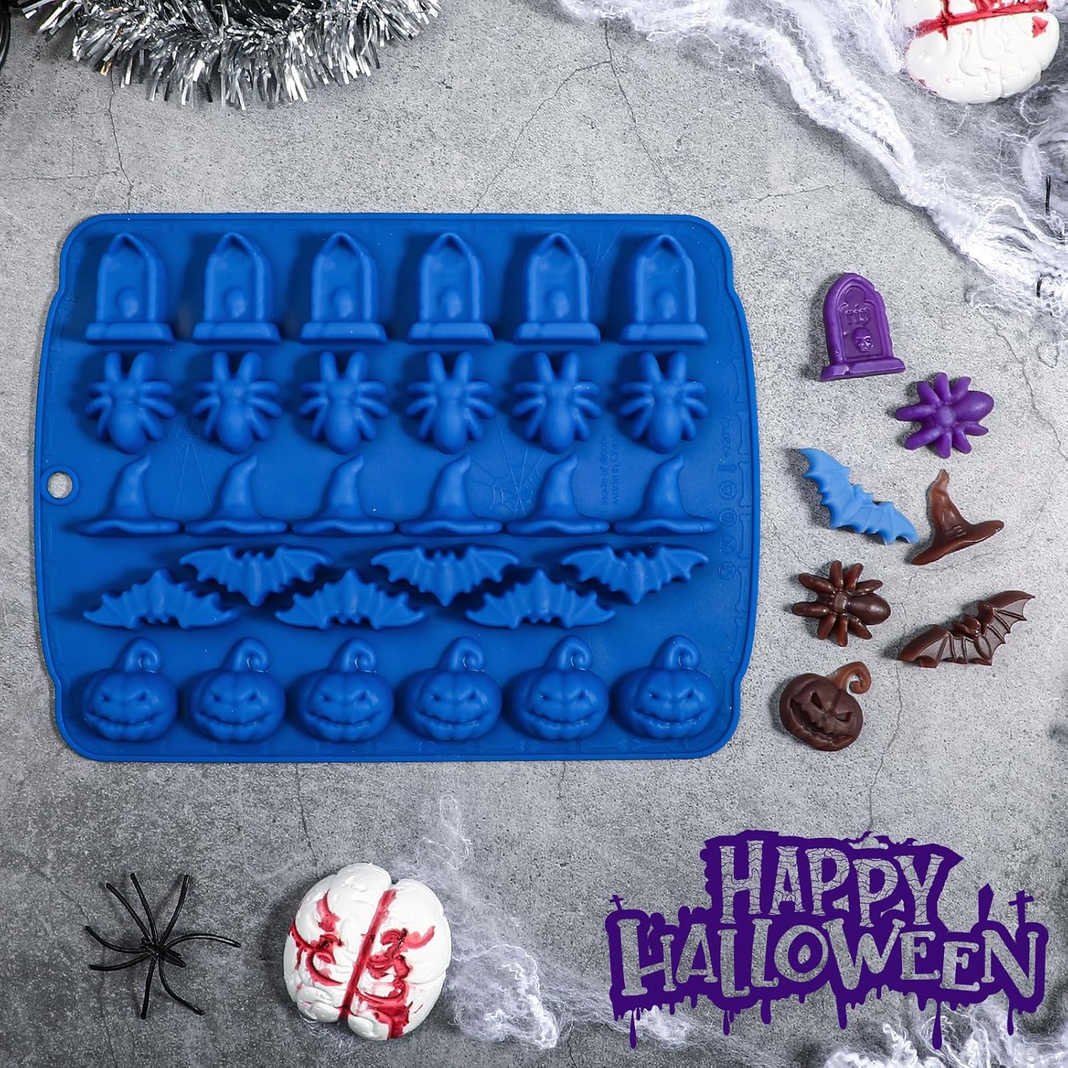 Moldes de dulces de Halloween, 2 piezas de 30 cavidades de Halloween de gomitas de chocolate, molde de silicona, azul