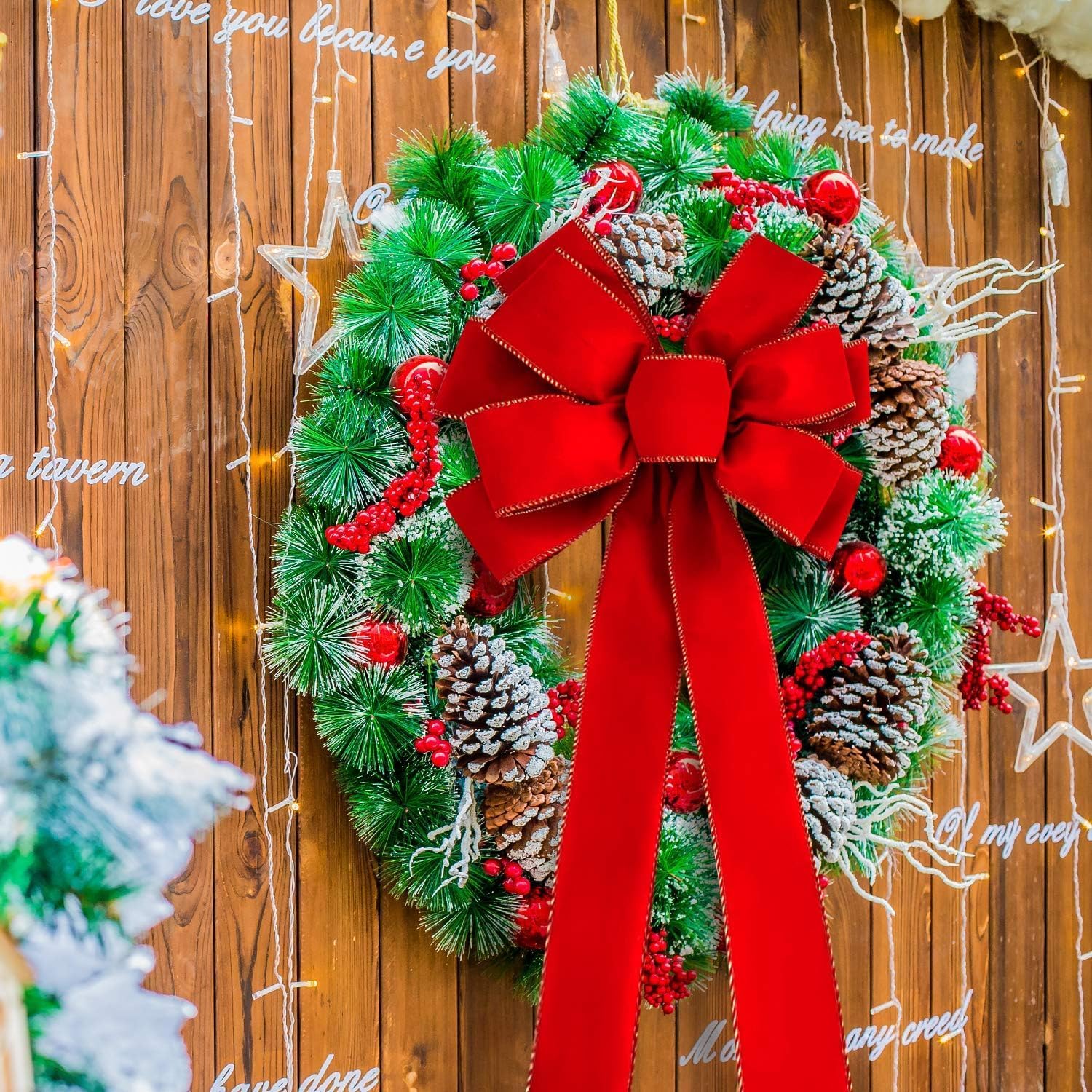 8 lazos grandes de Navidad, 30.7 x 10.6 pulgadas, para Navidad, Día de San Valentín, con bordes dorados, de terciopelo rojo, adorno para árbol de