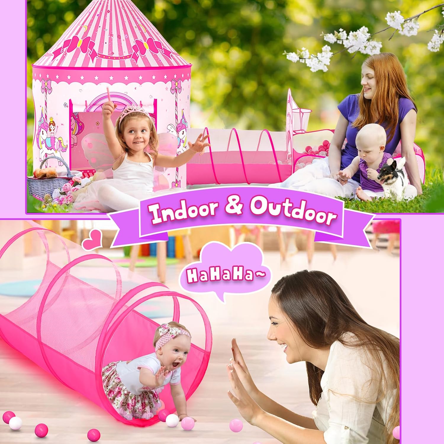 Tienda de campaña de princesa 3 en 1 para niños casa de juegos desplegable para niños pequeños con túnel de gateo, piscina de pelotas y tienda de