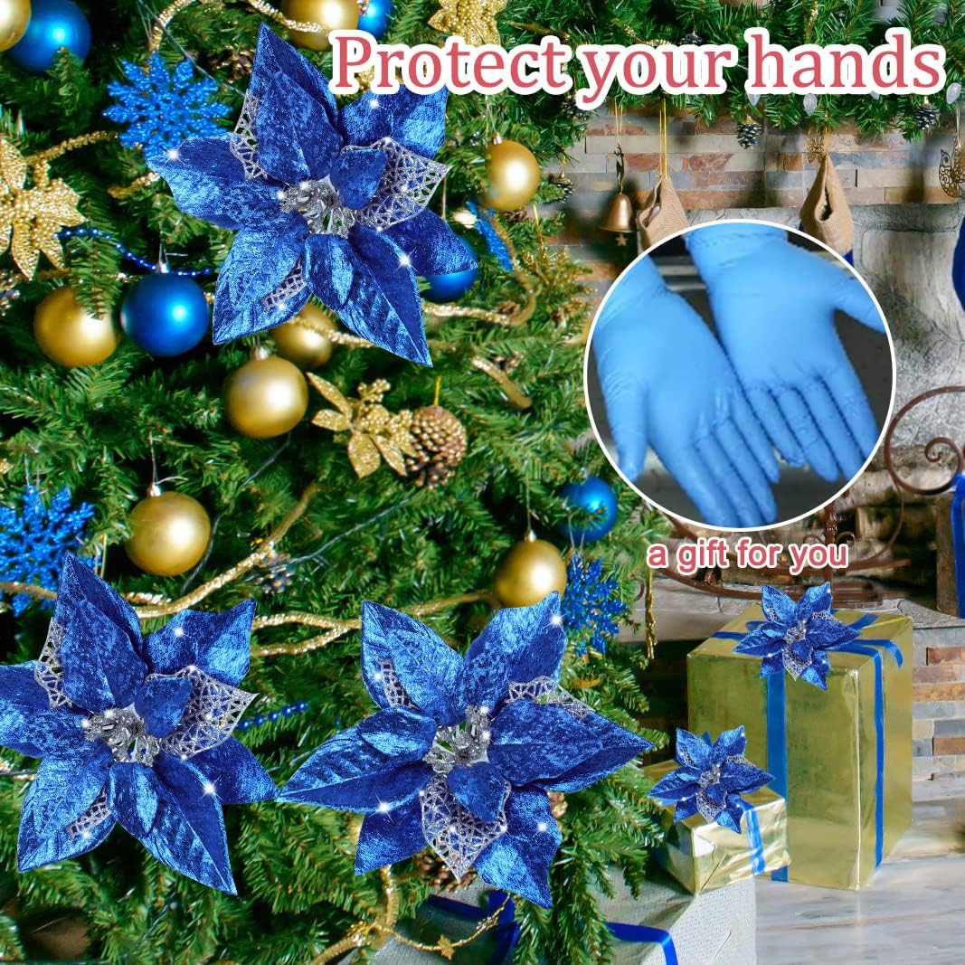 AOKE 16 piezas de flores de Pascua azules artificiales con purpurina para decoración de Navidad con clips, decoraciones grandes de Navidad para