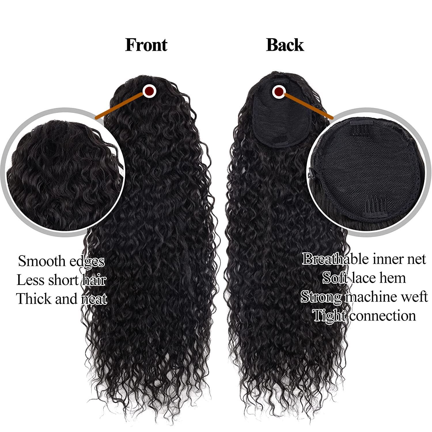 Extensiones de cola de caballo rizadas de 24 pulgadas, cabello sintético de onda profunda con cordón para mujeres negras, sensación de cabello