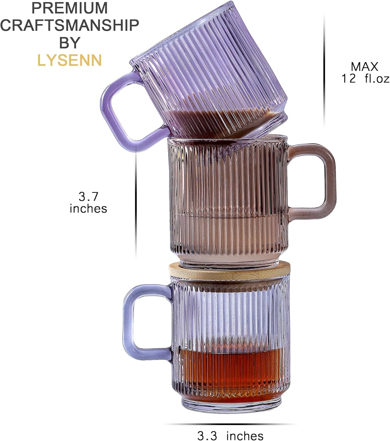 Lysenn Taza de café de vidrio con tapa, taza de té de vidrio clásica con rayas verticales de alta calidad, para leche, té, chocolate, jugo, agua,