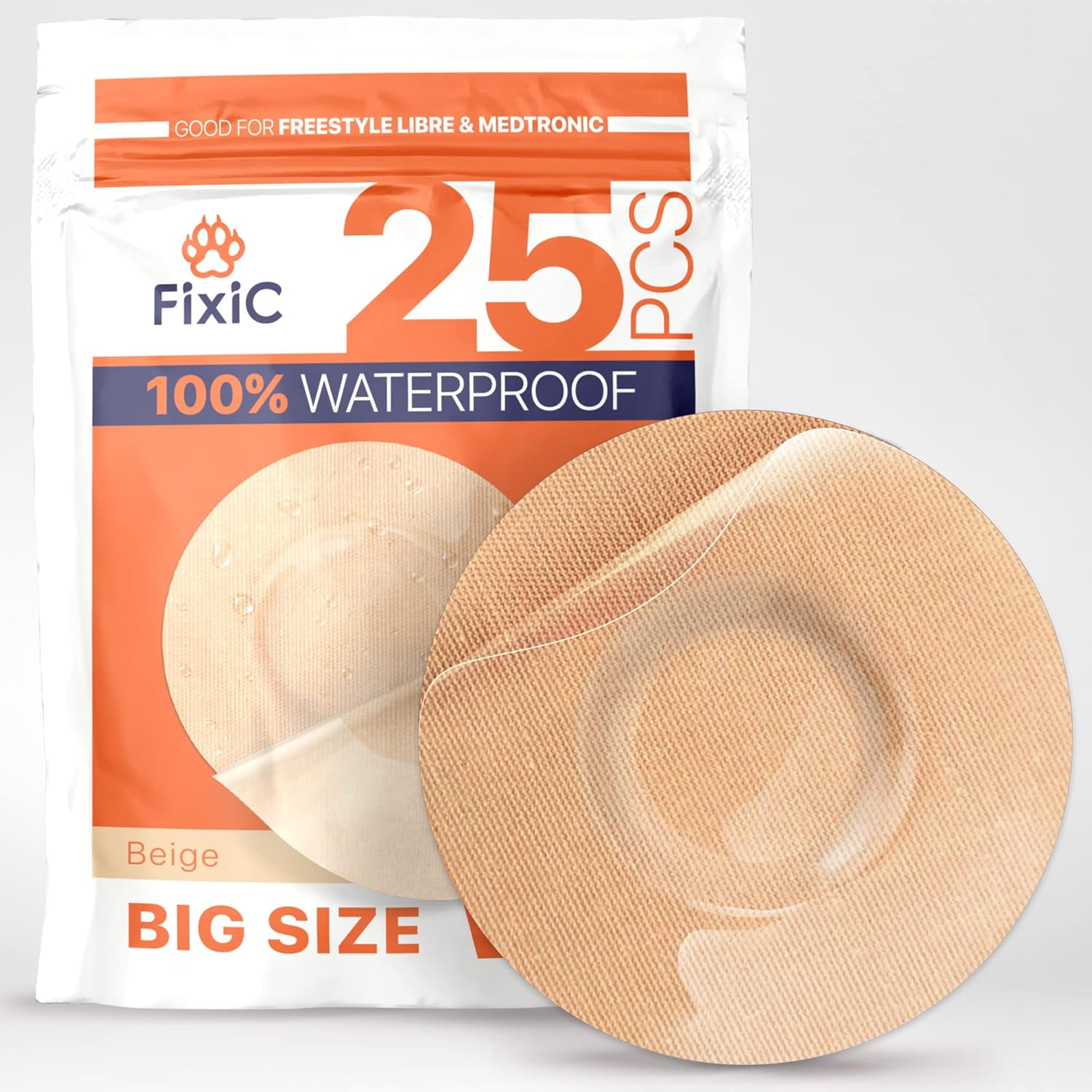Fixic Parche adhesivo Freestyle 25 piezas de tamaño grande  Bueno para Libre 1, 2, 3  Enlite  Guardian  Sin pegamento en el centro del parche  Papel