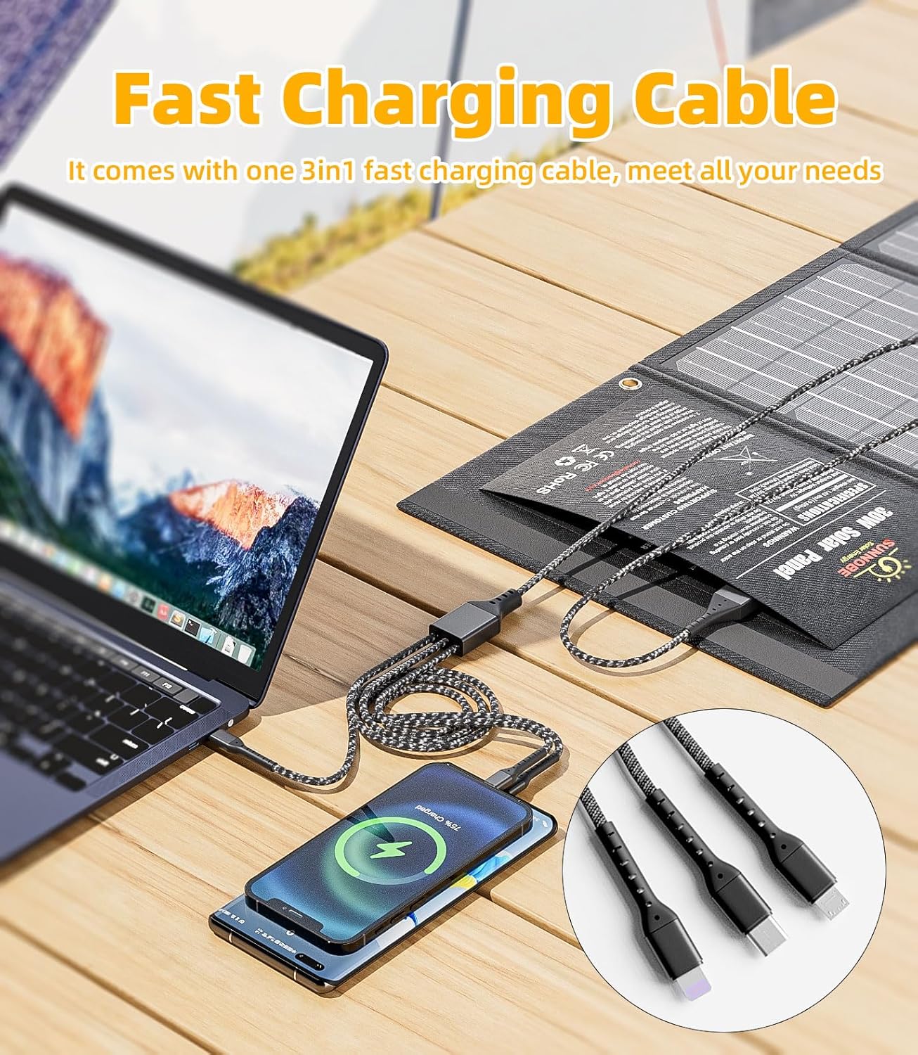 Panel solar portátil SUNNOBE con cable 3 en 1, cargador de panel solar plegable de 30 W con amperímetro digital para campamento y senderismo,