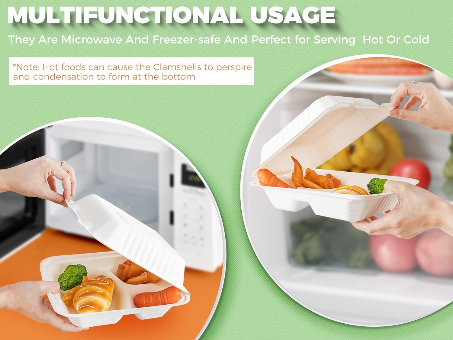AUEAR, 8 pulgadas, 3 compartimentos paquete de 100, contenedores de alimentos compostables para llevar, cajas para alimentos, contenedor de