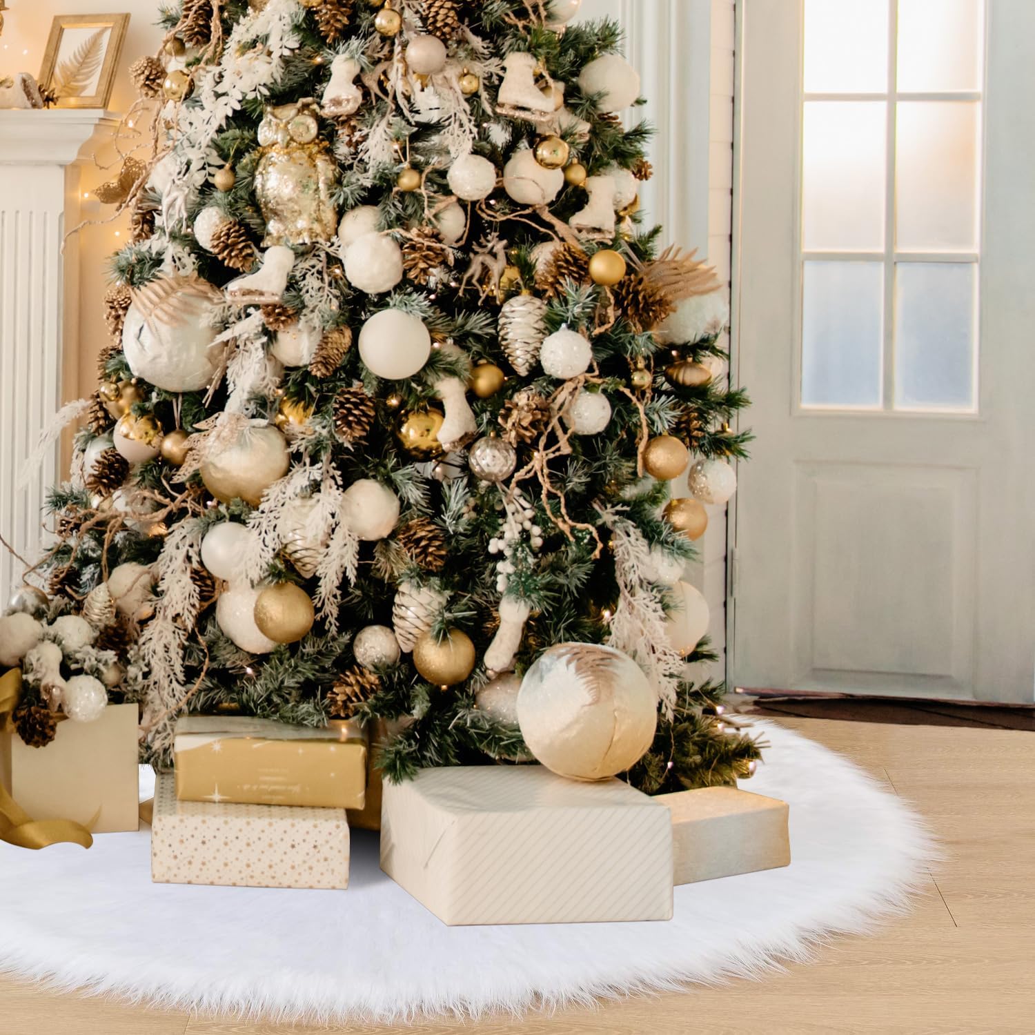 Falda de árbol de Navidad de 48 pulgadas, falda de árbol grande, falda de árbol de piel blanca para decoración de árbol de fiesta de Navidad