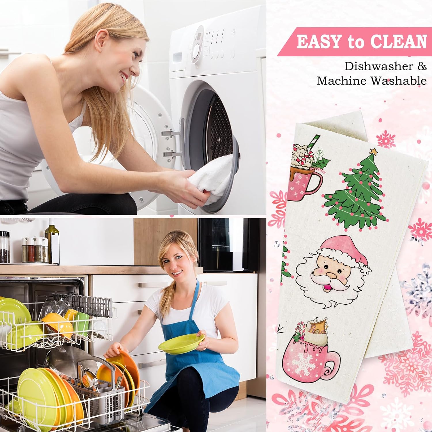 AnyDesign 6 paños de cocina suecos de Navidad, color rosa, con texto en inglés “Merry Christmas”, reutilizables, para invierno, árbol de Navidad,