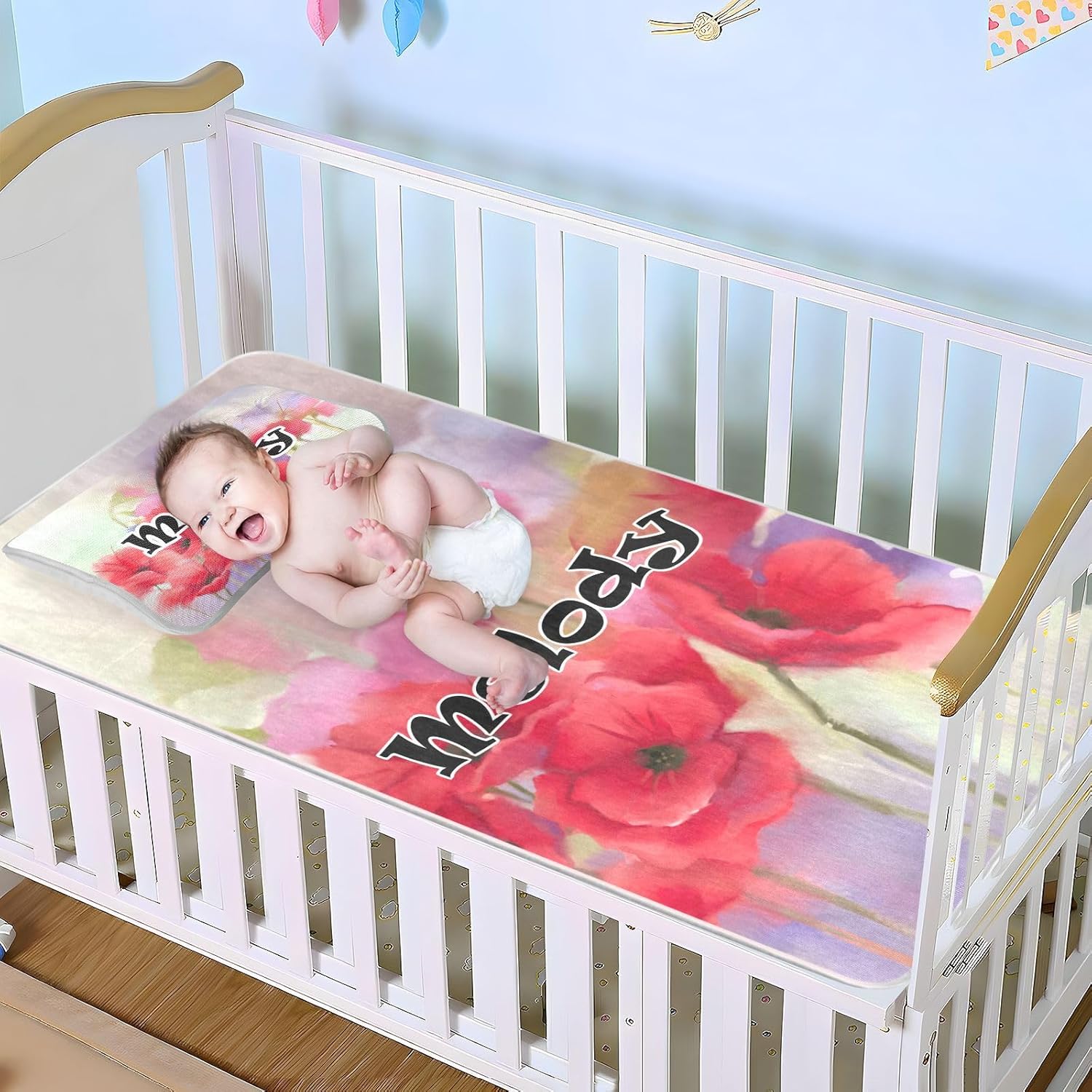 Protector de colchón personalizado de acuarela roja con flores de amapola para niños y niñas, tapete de seda de hielo para cama, colchoneta de
