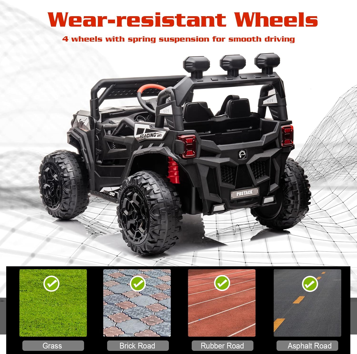 POSTACK 4X4 Ride-On UTV Buggy 24V Ride On Toy Car w 2.4G Remote Control Electric Ride On Off-Road Truck Car with Spring Suspension for Kids