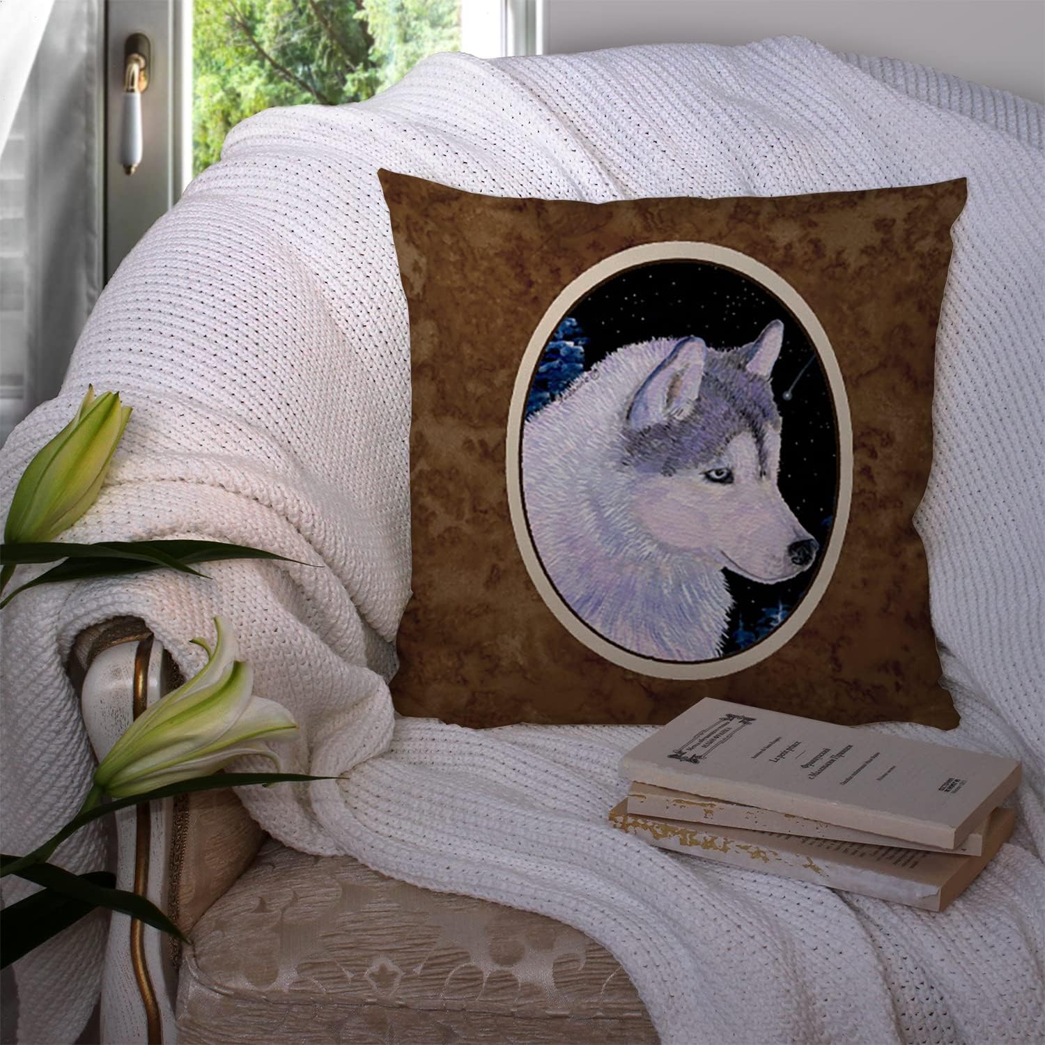 Caroline’s Treasures SS8617PW1414 – Almohada decorativa de tela de husky siberiano, lavable a máquina, almohada decorativa para interiores y
