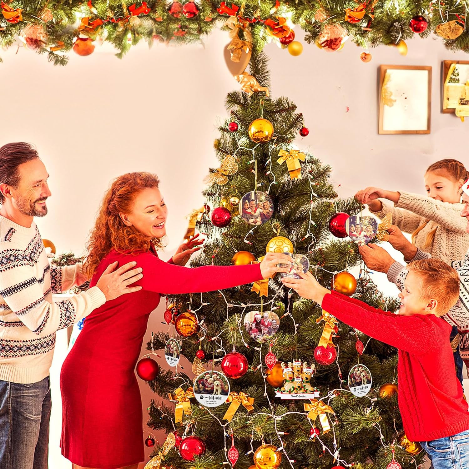 Adornos de Navidad personalizados de ciervo, familia de 2, 3, 4, 5, 6, 7, 8  Adorno de Navidad personalizable con nombre de reno, texto para árbol