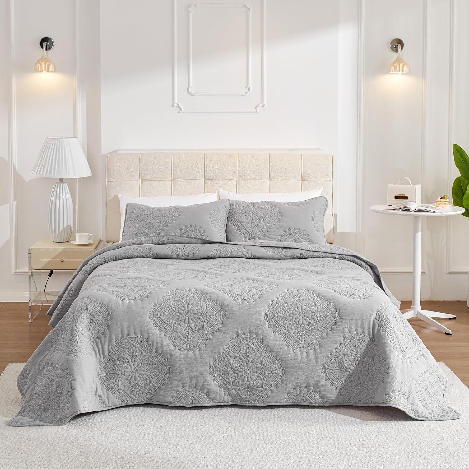 Juego de ropa de cama de tamaño King blanco con fundas de almohada, colcha ligera y suave, manta acolchada, funda de edredón fina, para todas las