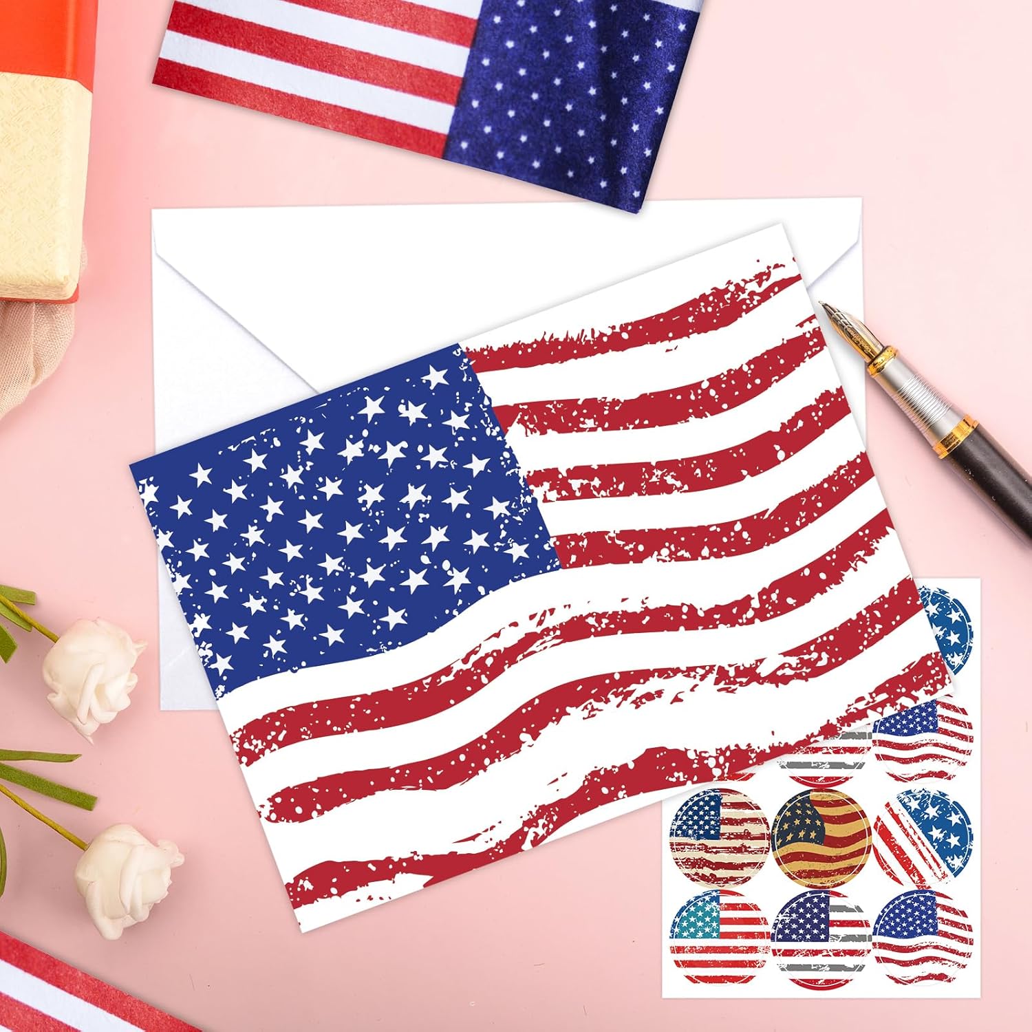 Tarjetas de felicitación patrióticas con sobres, tarjetas de notas de la bandera estadounidense para veteranos conmemorativos del 4 de julio, Día de