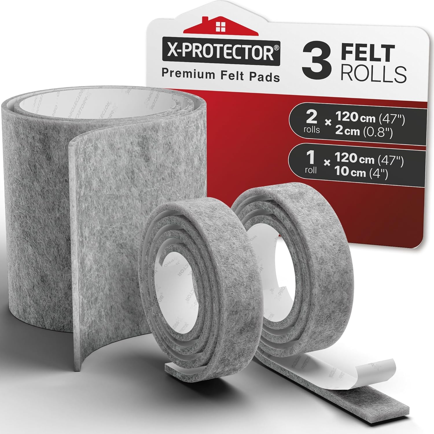 X-Protector Almohadillas de fieltro para muebles, 3 piezas, (1) 47 x 4 pulgadas + (2) 47 pulgadas x 0.8 pulgadas, cinta de fieltro gris, tiras de