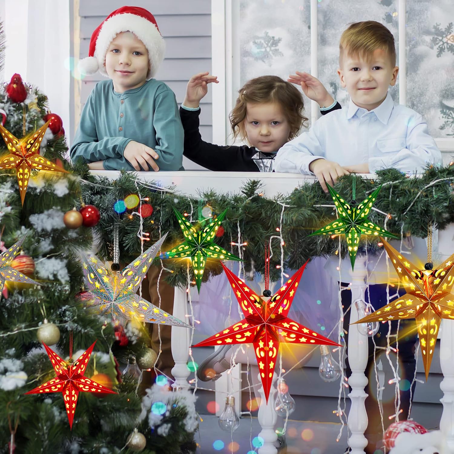 Hortsun Juego de 20 faroles de papel de Navidad con forma de estrella, 2 tamaños, 17.7 pulgadas, 11.8 pulgadas, adornos colgantes de Navidad,
