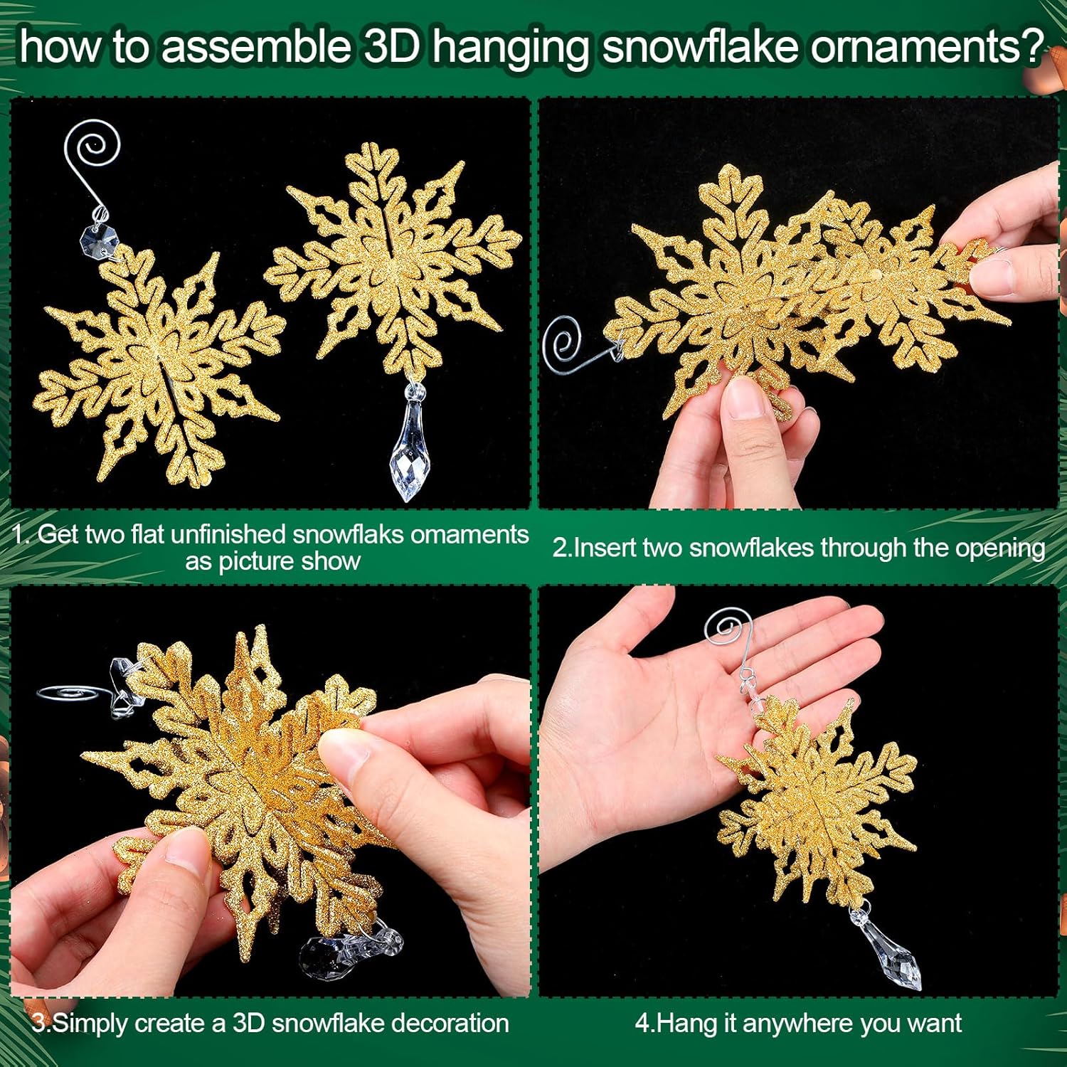 Soaoo 36 adornos de copo de nieve 3D con purpurina 3D, decoraciones para árbol de Navidad, decoraciones colgantes de copo de nieve, adornos de