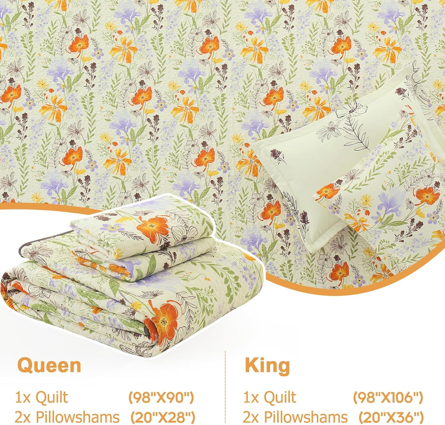 Finlonte Colcha floral tamaño King, 100% algodón, edredón botánico amarillo, patrón de hojas florales, edredón acolchado, ligero y reversible, suave