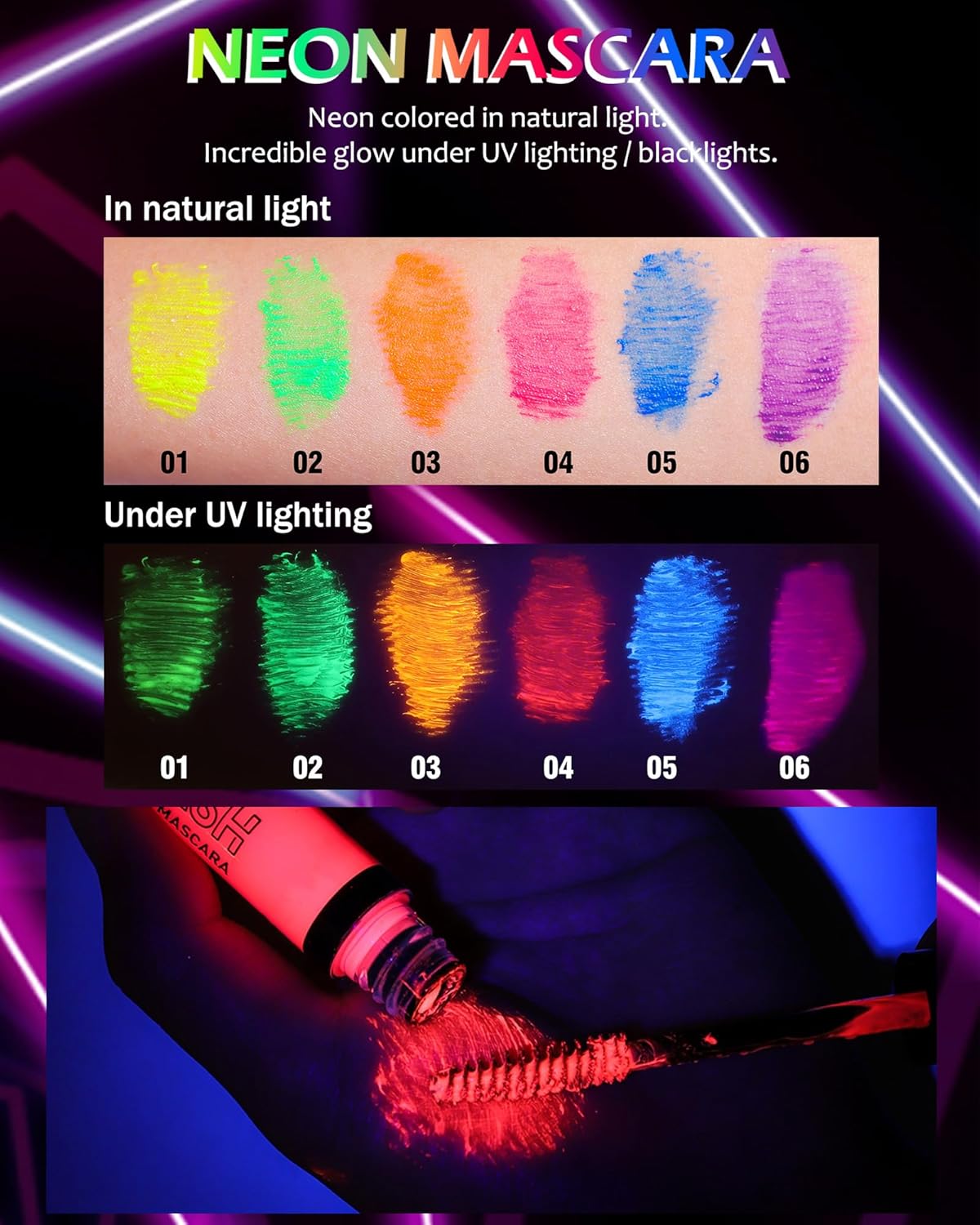 Máscara de pestañas de neón para pestañas, 6 unidades, brillo UV, color luz negra, volumen y longitud, impermeable, a prueba de manchas, larga