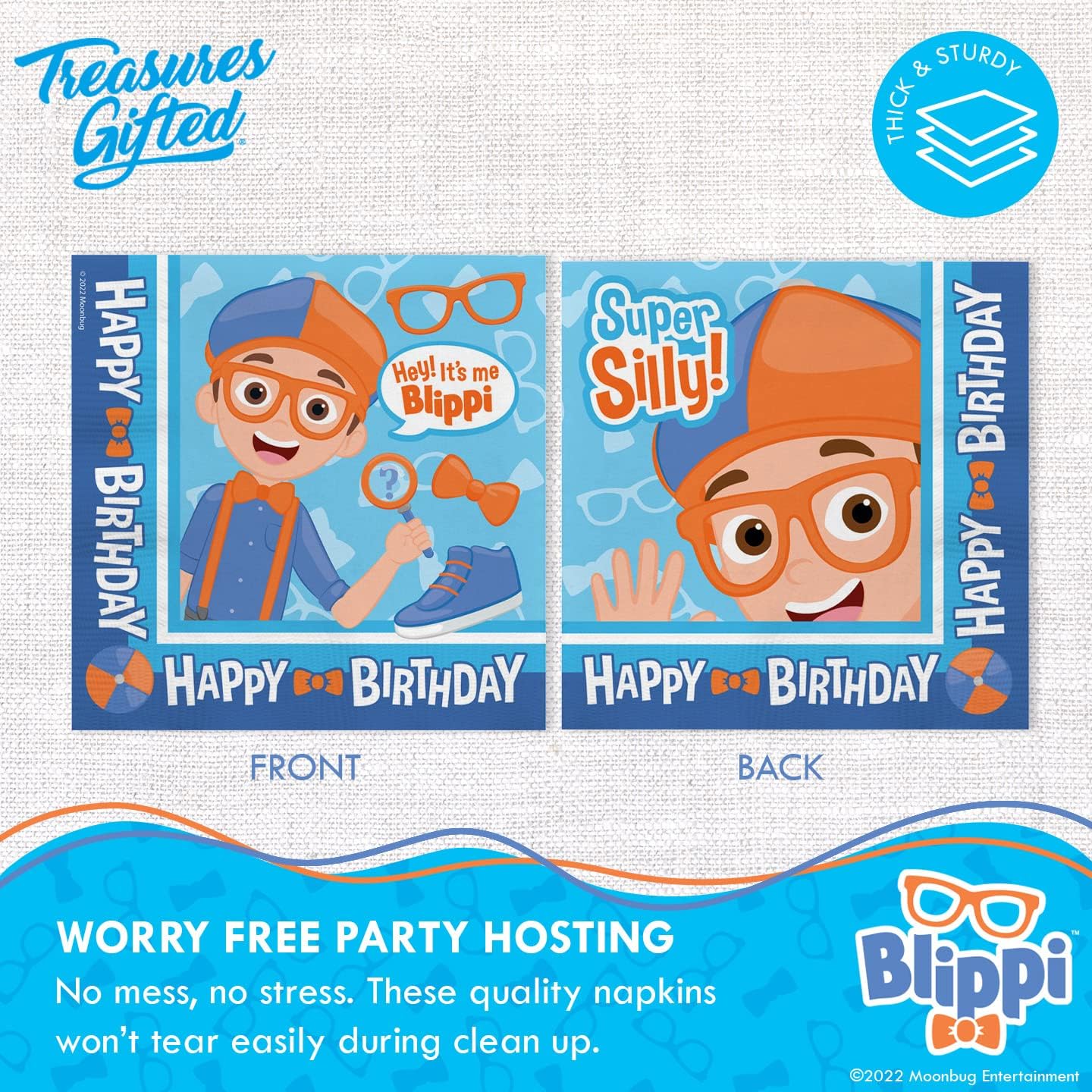 Treasures Gifted Suministros de fiesta de cumpleaños con licencia oficial de Blippi, paquete de 48 servilletas Blippi, suministros para fiesta de