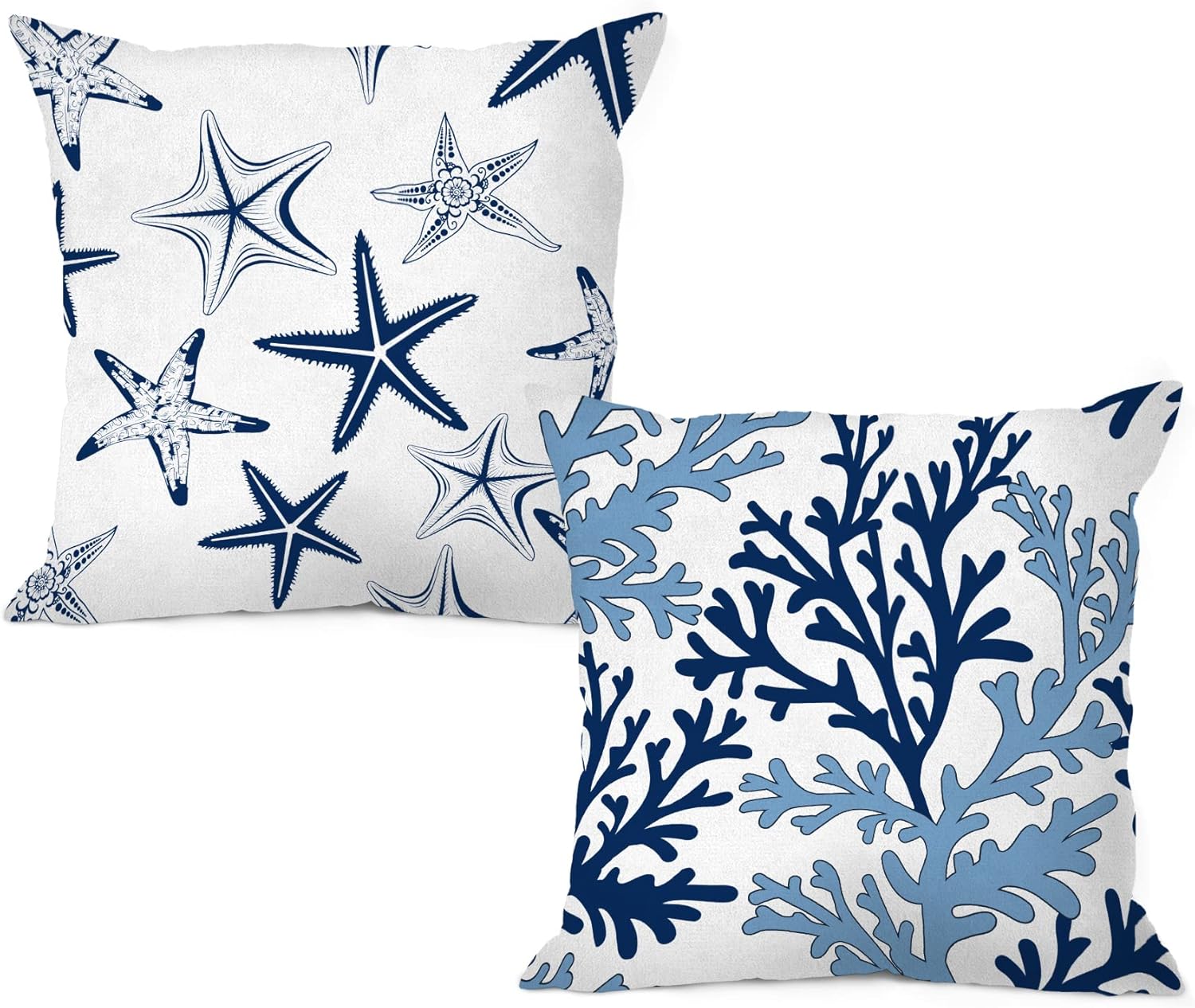 Funda de almohada de 18 x 18 pulgadas (juego de 2) funda de almohada de playa náutica costera azul marino con estrellas de mar y coral, decoración