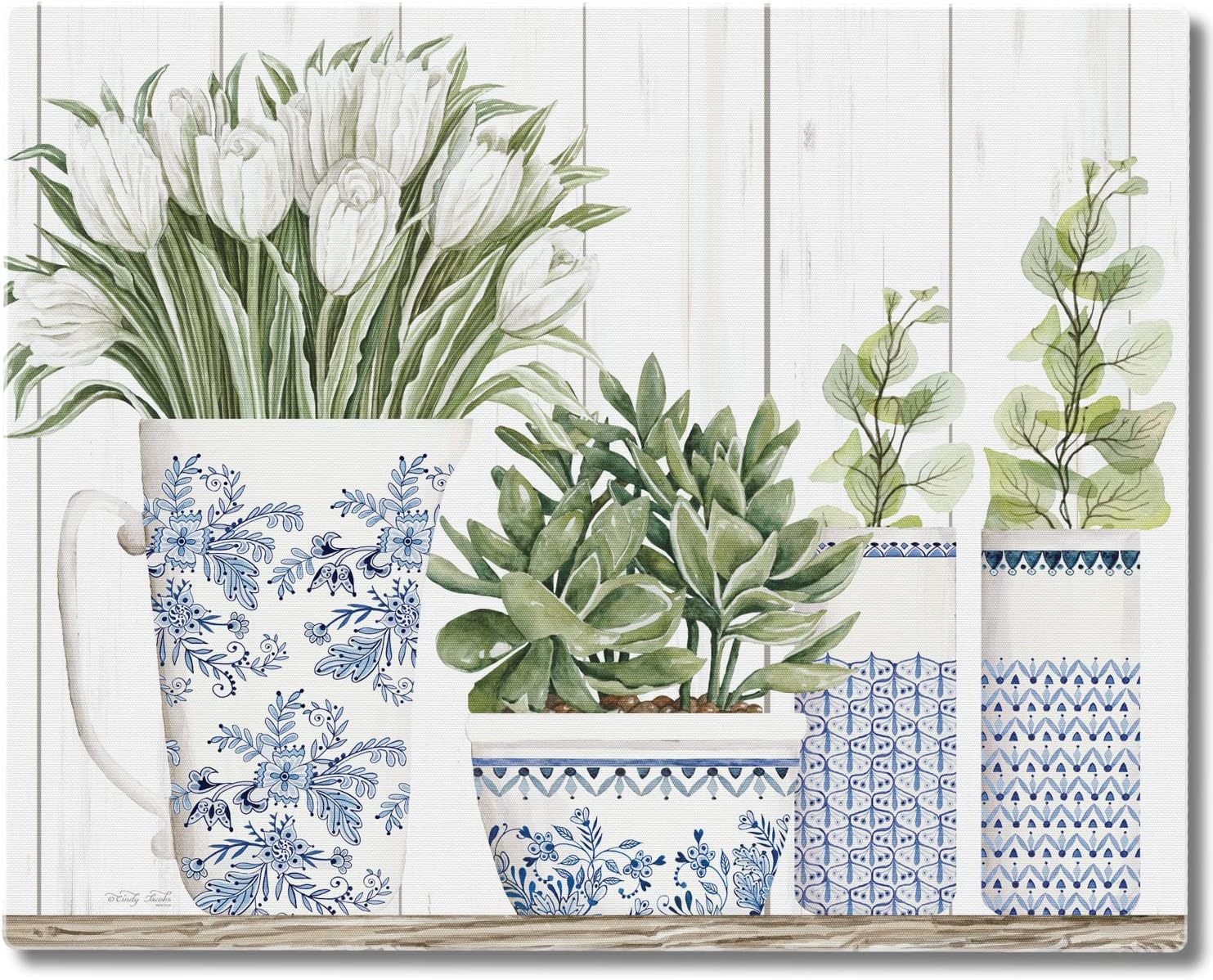 CounterArt Blue & White Pottery – Tabla de cortar de vidrio templado tolerante al calor de 15 x 12 pulgadas, fabricada en los Estados Unidos, apta