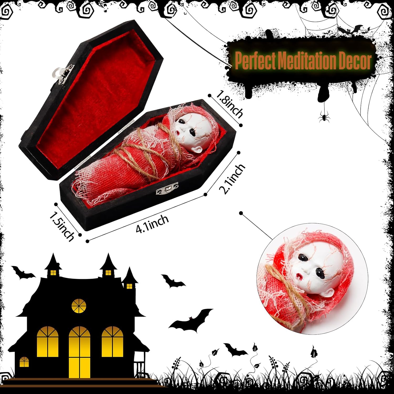 Decoración de Halloween esencial ataúd de madera pintada en negro, mini caja de ataúd de vampiro, muñeca fantasma, kit de bricolaje para crear tu