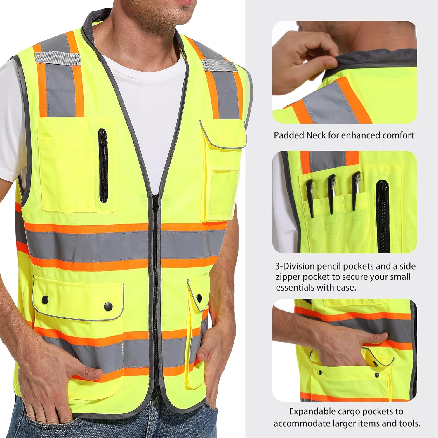 Chaleco de seguridad reflectante para hombres y mujeres, chaleco de construcción de alta visibilidad clase 2, tiras reflectantes de doble tono