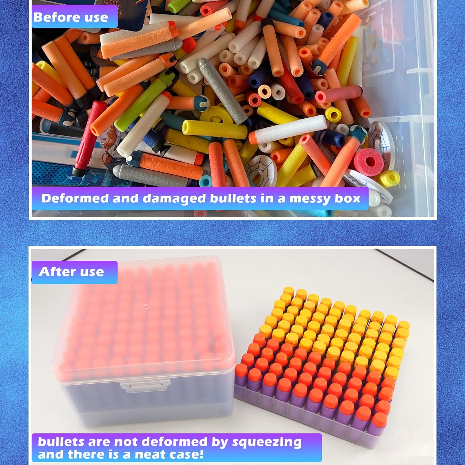 Caja de almacenamiento de dardos de espuma, estuche portátil de plástico compatible con balas Nerf Elite Series y dardo corto (1 caja+2 bandejas)