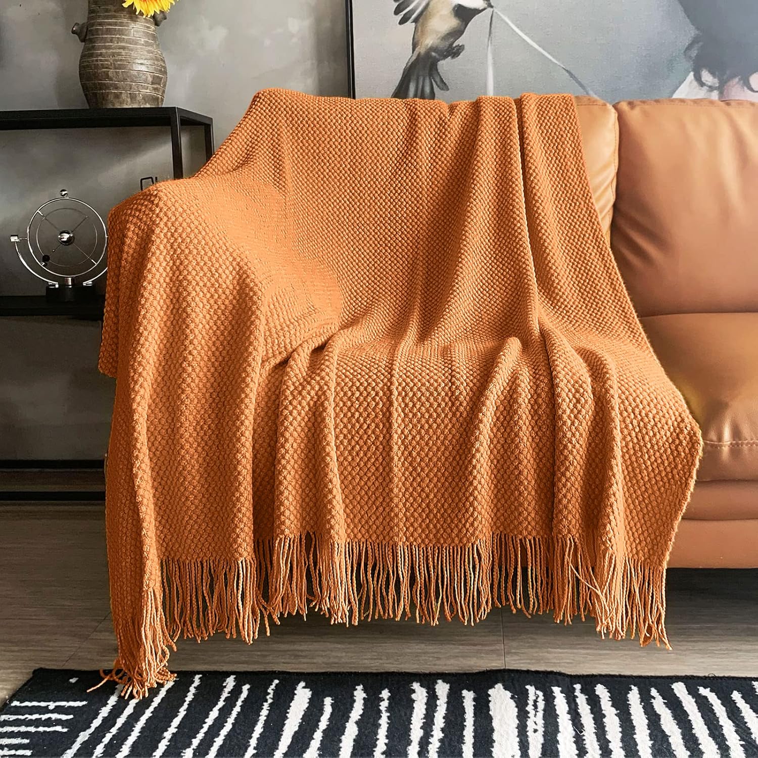 LOMAO Manta de punto con borlas con textura de burbujas, manta ligera para funda de sofá, decoración del hogar (naranja, 50 x 60 pulgadas)